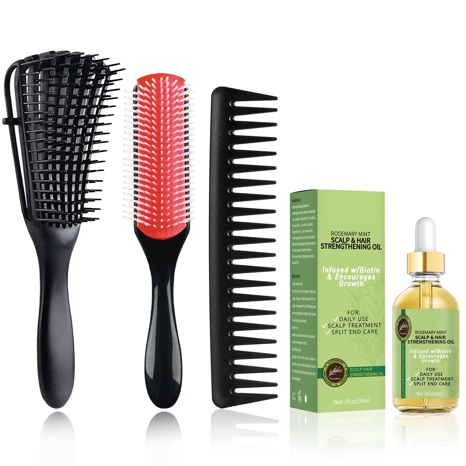 WOZUTUNT Curly Hair Brush Set for Women/Men/Kids, Detangler Brush, Wide Tooth Comb, 9 Row Nylon Bristle, Rosemary Hair Growth Oil - 4 Count (DB-black-4pcs)