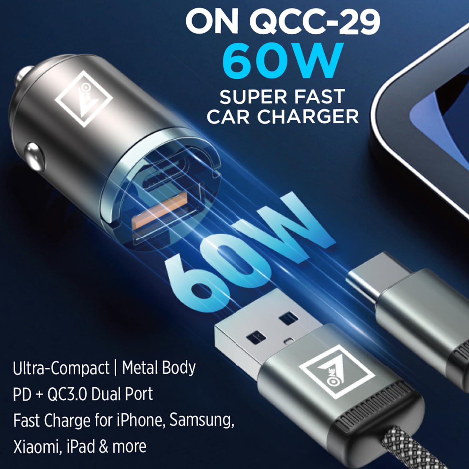 ONE 7 60W Dual Port Car Charger | Super Fast Charging Mini Metal Charger Adapter | USB + Type-C Output | Compact All-Metal Build | Compatible with Phones, Tablets & GPS Devices – Black (ON QCC-29) — Amazon image 2