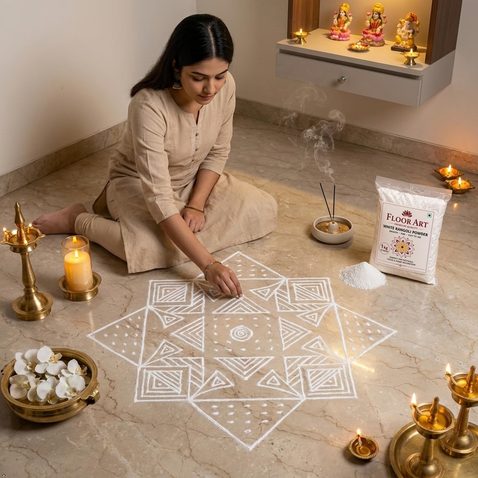 Floor Art White Rangoli Powder | Premium Fine Kolam & Muggu Powder | 1 kg | Easy to Use, For Festivals & Pooja, Home Decoration, Fine Texture, Resealable Pouch-image-40