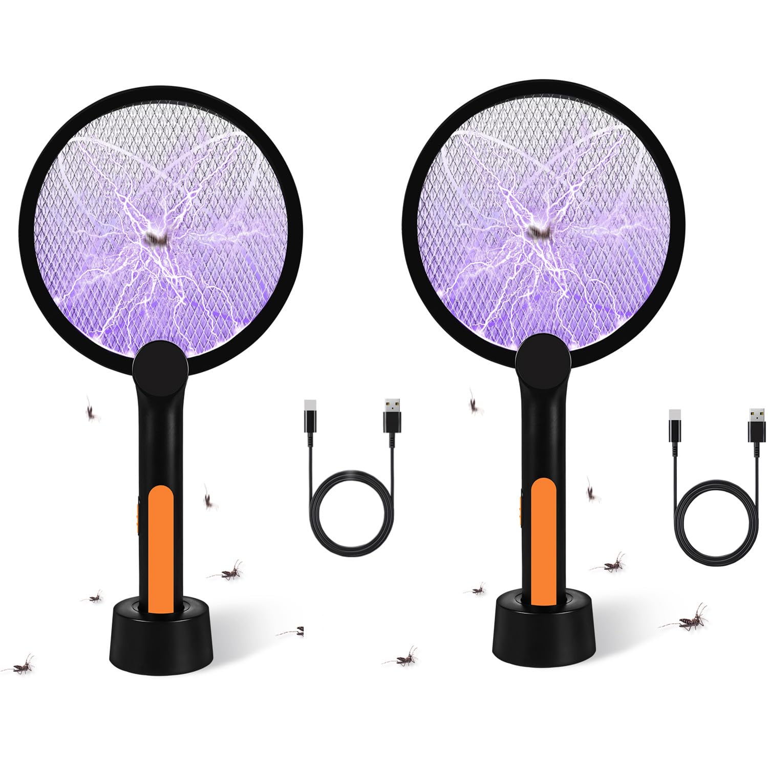 Bavmosek 4000V Elektrische Fliegenklatsche mit Ladestation, 2 in 1 USB mit Akku Aufladbar Elektro Mückenklatsche mit UV Lichtfalle Moskito Schwarz