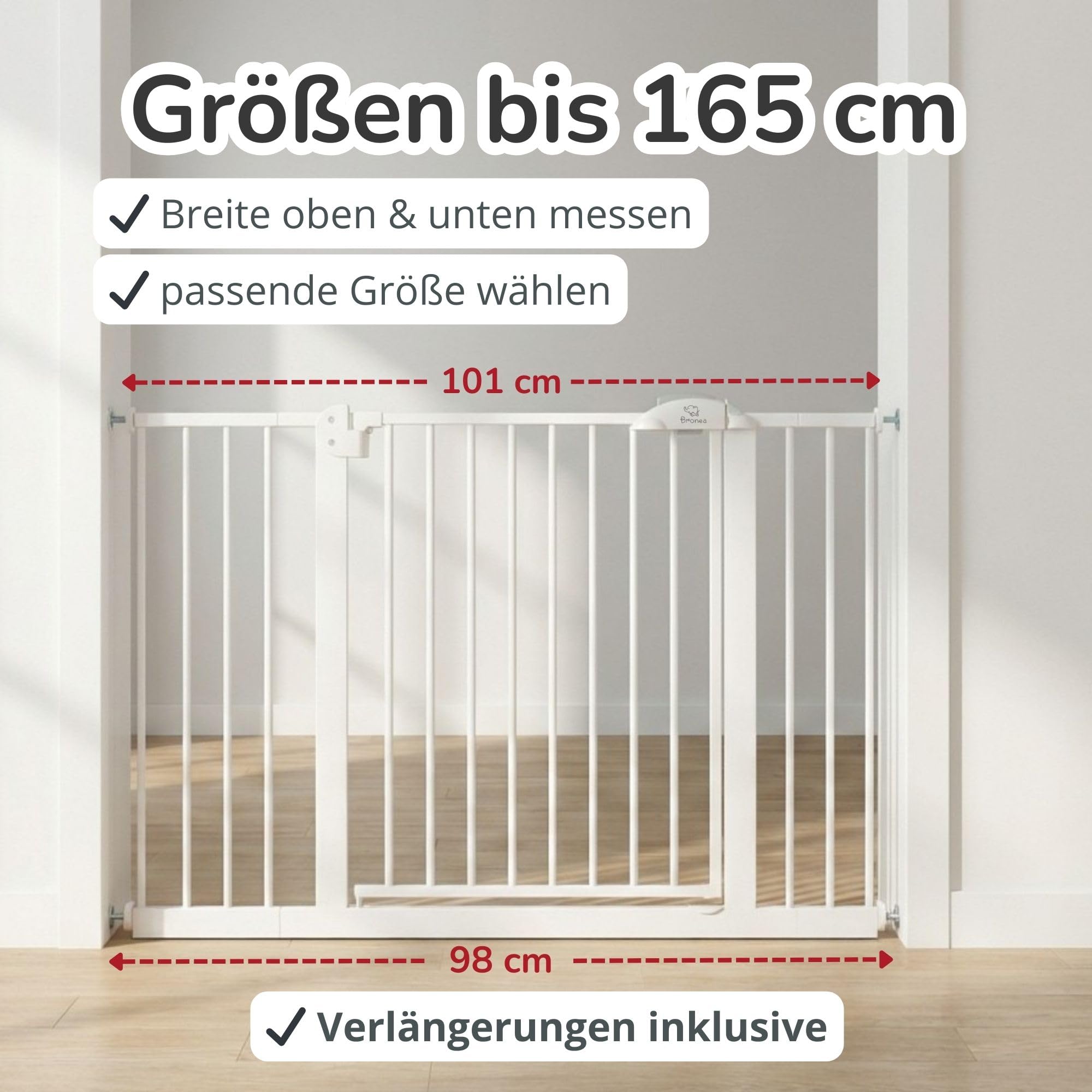 Cleo Treppenschutzgitter ohne Bohren | Kinderschutzgitter Tür & Treppe 89-96 cm | Auto-Close | 3-Schritt-Sicherung | beidseitig öffnend | verlängerbar bis 165 cm
