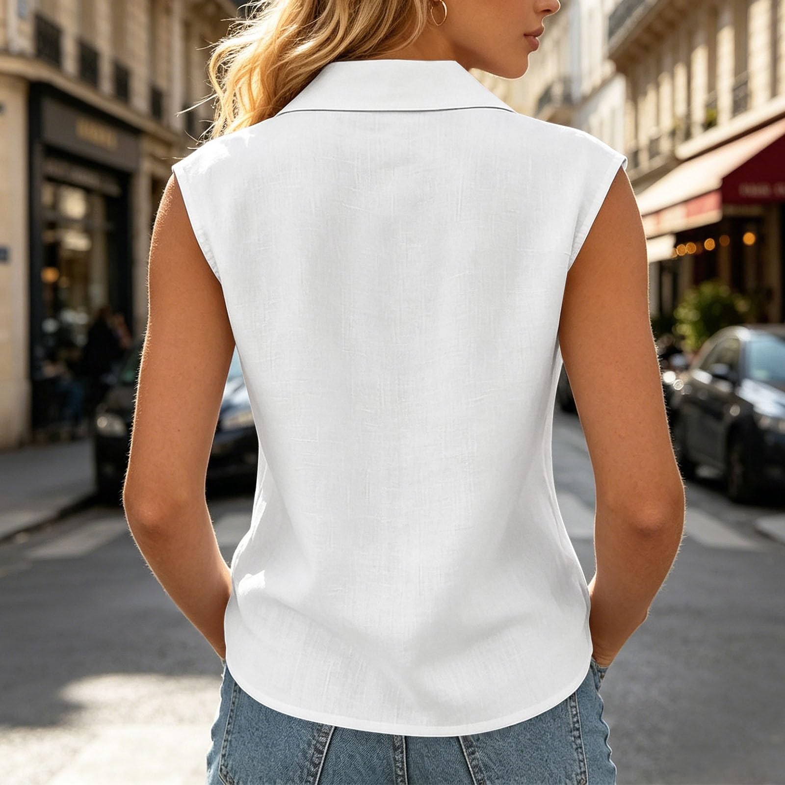 Chemisier Femme Chic et Élégant sans Manches - Chemisiers et Blouses Femme D'Été Coupe Fluide Respirant Col en Revers Bouton Lâche Respirant Couleur Unie Décontracté Tunique Tops pour Tenues Estivale