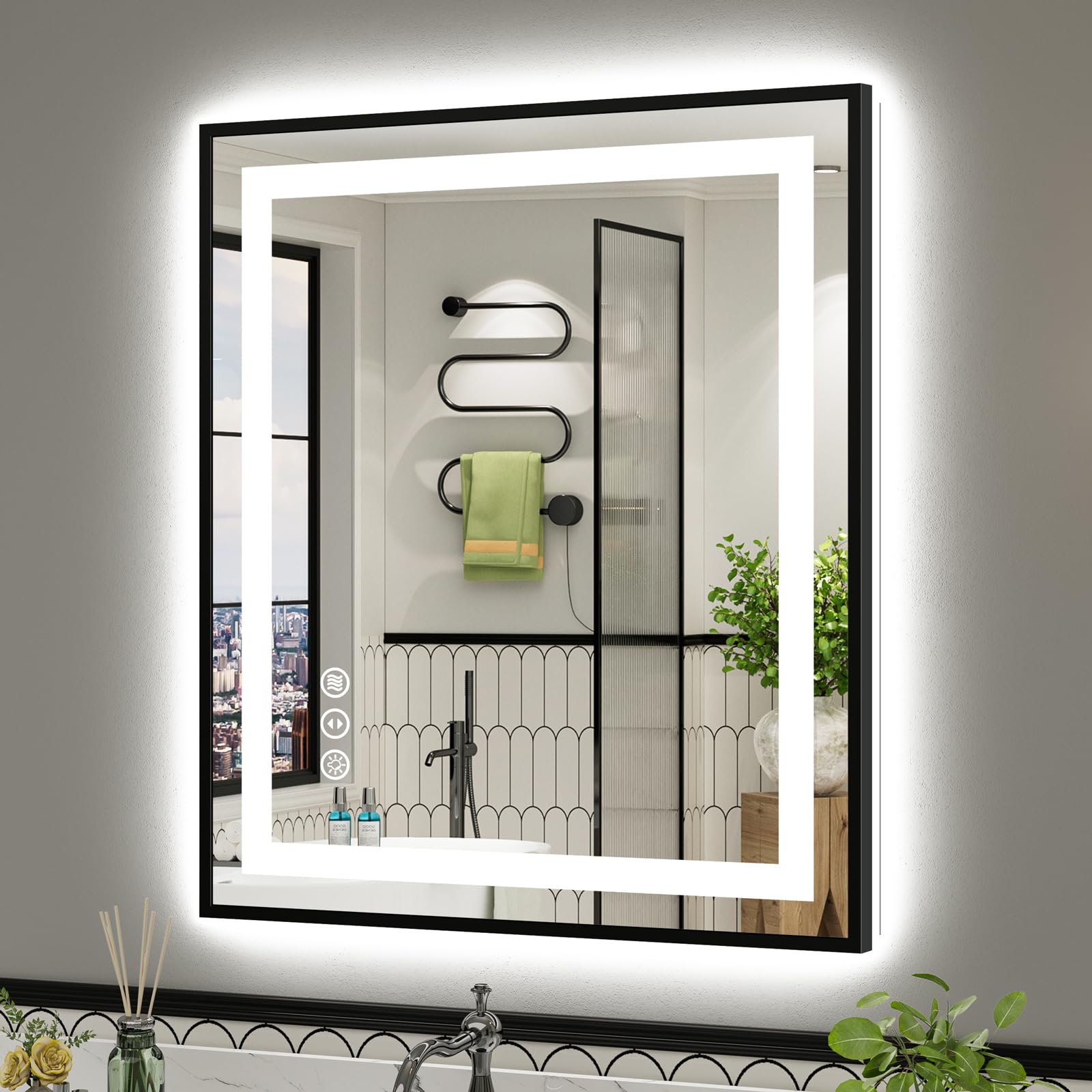 36x30 Inch LED Bathroom Mirror with Black Frame, Backlit &amp; Front Lit