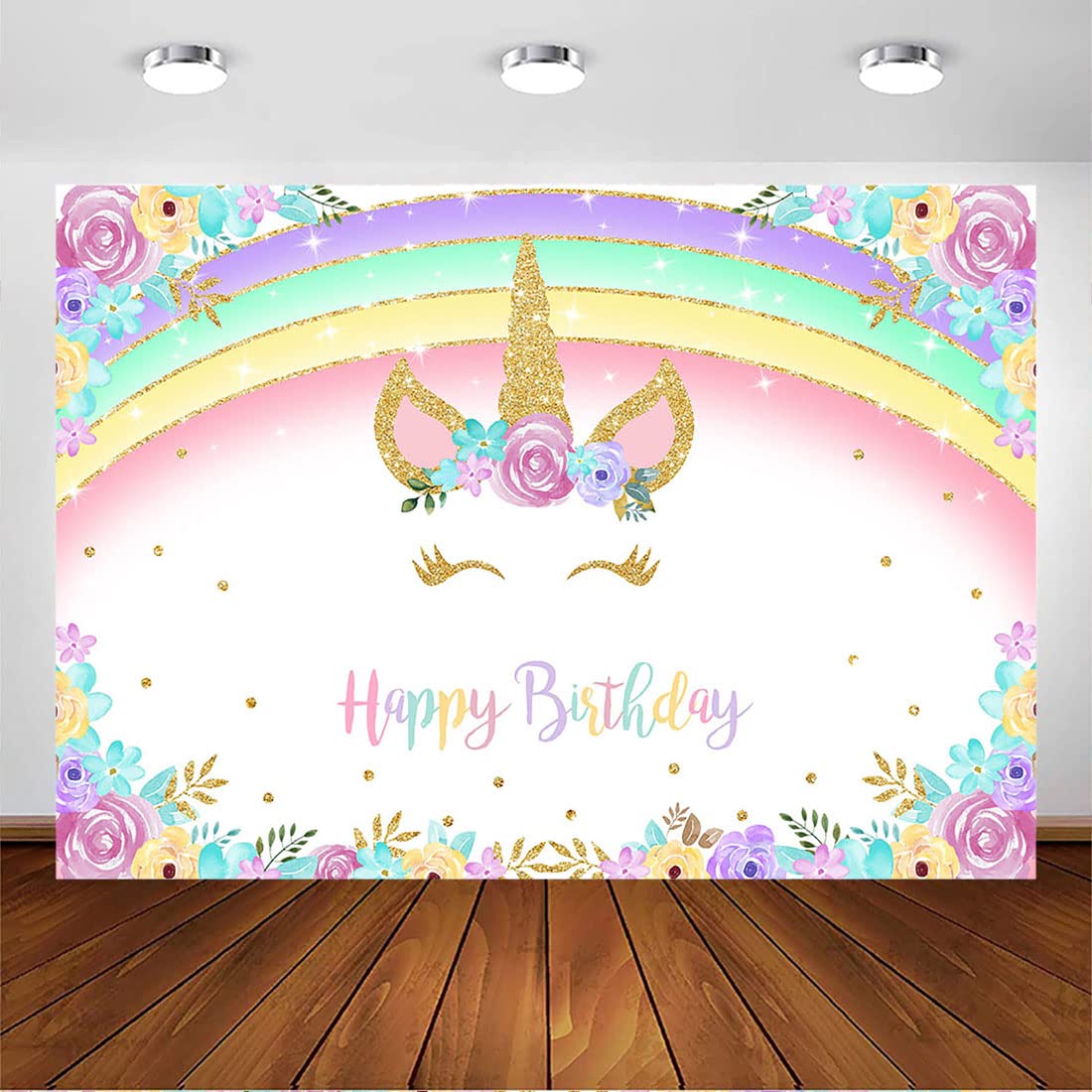 AvezanoUnicorn Birthday Backdrop Happy Birthday Backdrop Glitter Rainbow Unicorn Floral Party Photography Background Unicorn Girls Princess 1st Bday Party Banner Supplies (7x5ft)