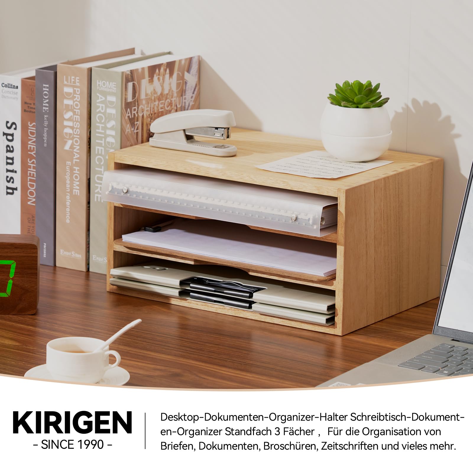 KIRIGEN Schreibtisch-Organizer aus Paulownia-Holz, Dokumentenablage mit 3 Fächern, 35 x 24 x 18 cm, Briefablage und Papierablage für Büro, Homeoffice und Arbeitszimmer, Natur