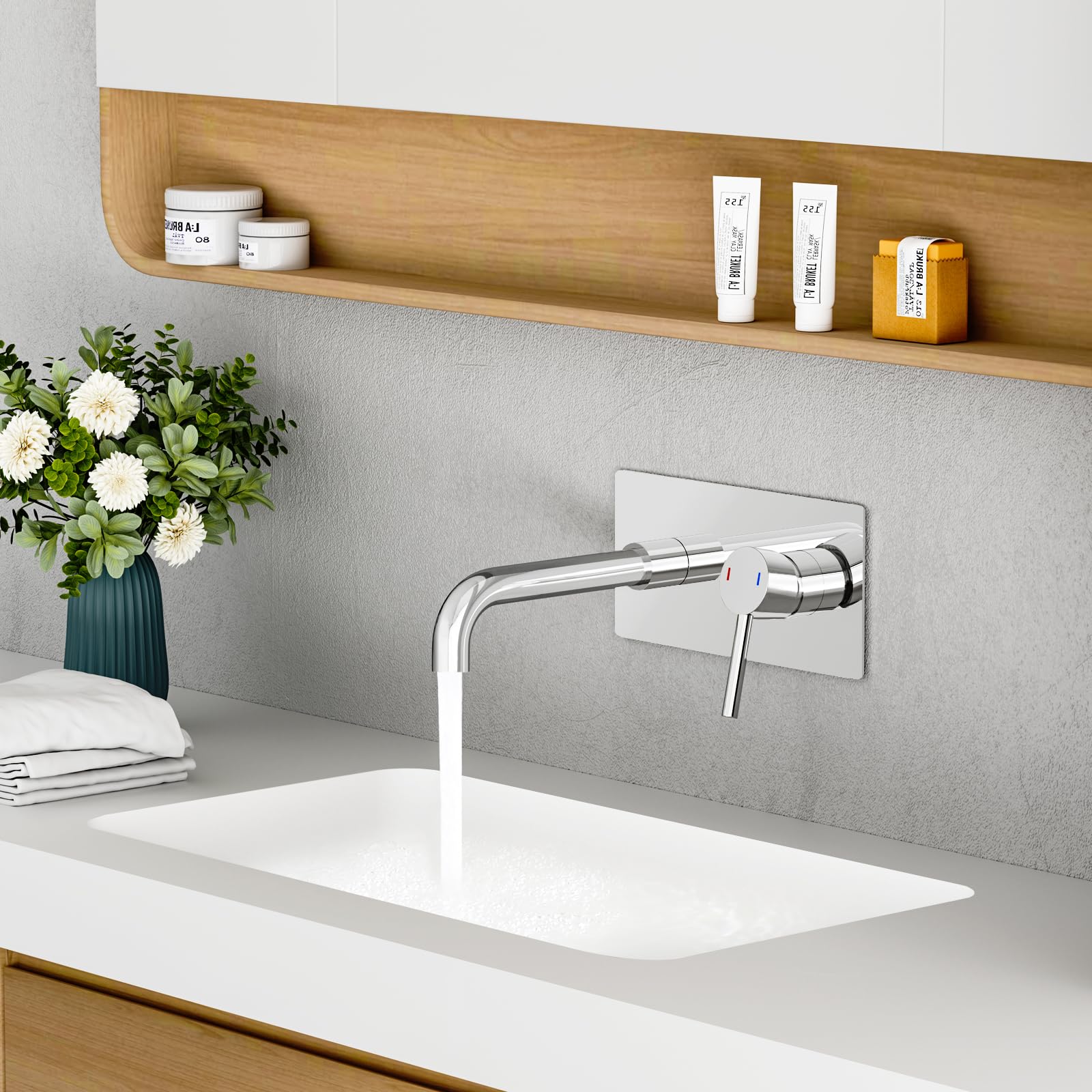 ROVOGO Wall Mounted Basin Mixer Tap with Escutcheon & Concealed Stainless Steel Body 304 for Bath or Tub 2-Hole Bathroom Basin Tap with 360° Rotatable Spout