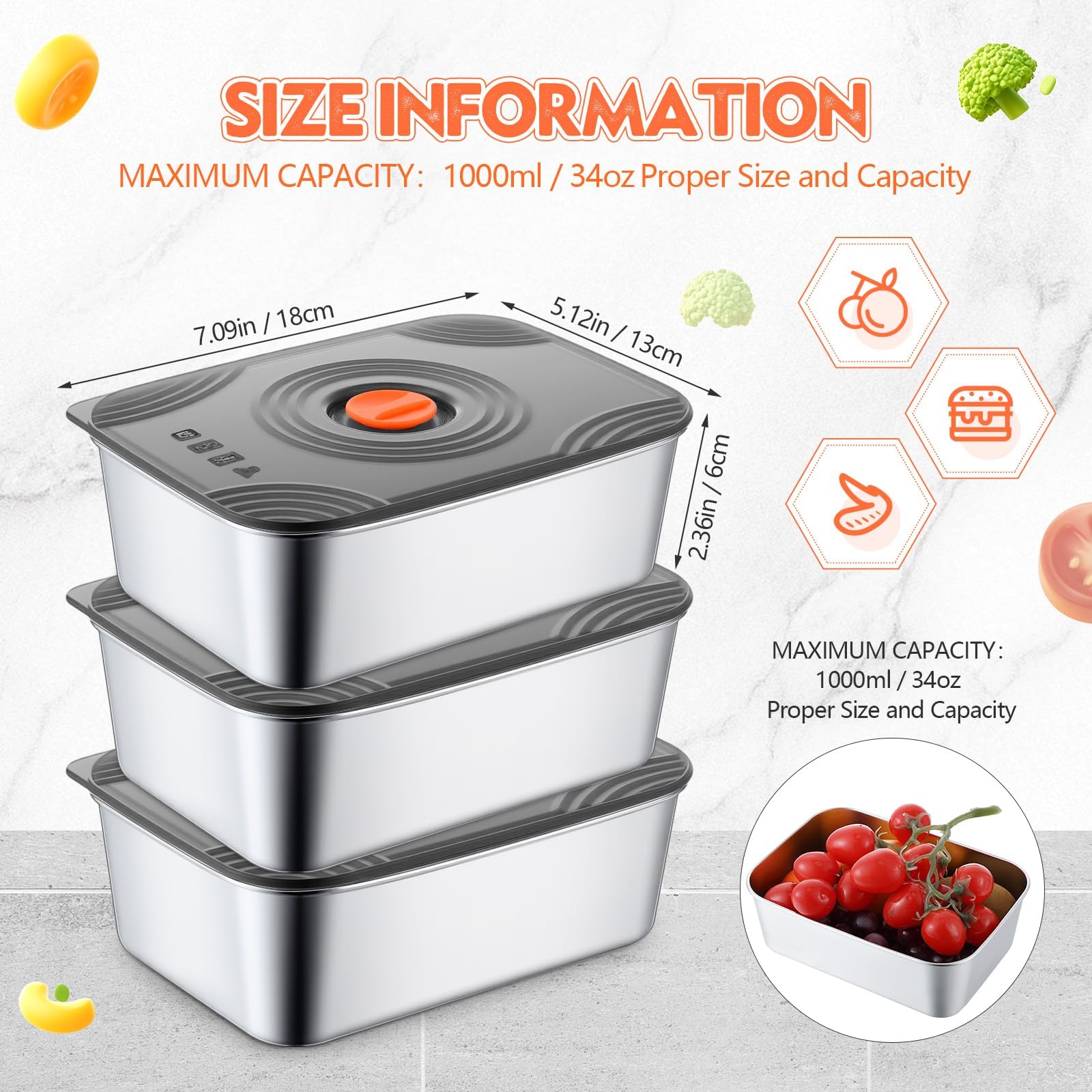 Layhit 10 Set 1000ml / 34oz Stainless Steel Food Storage Containers with Airtight Lid Reusable Metal Meal Container Meat Marinating Fruit Lunch Storage Box Dishwasher and Microwave Safe