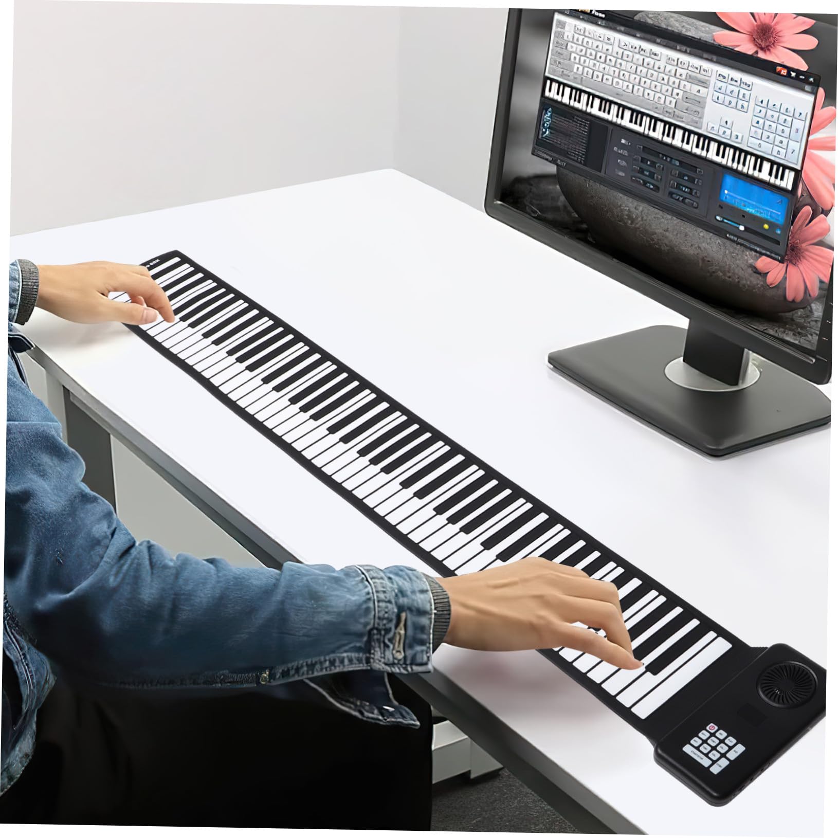 88-tasten Rolle Up Piano aus Silikon, Schwarz, Batteriebetrieben | Faltbar für Reise, mit Lautsprecher, USB Kabel im Lieferumfang, für Einsteiger