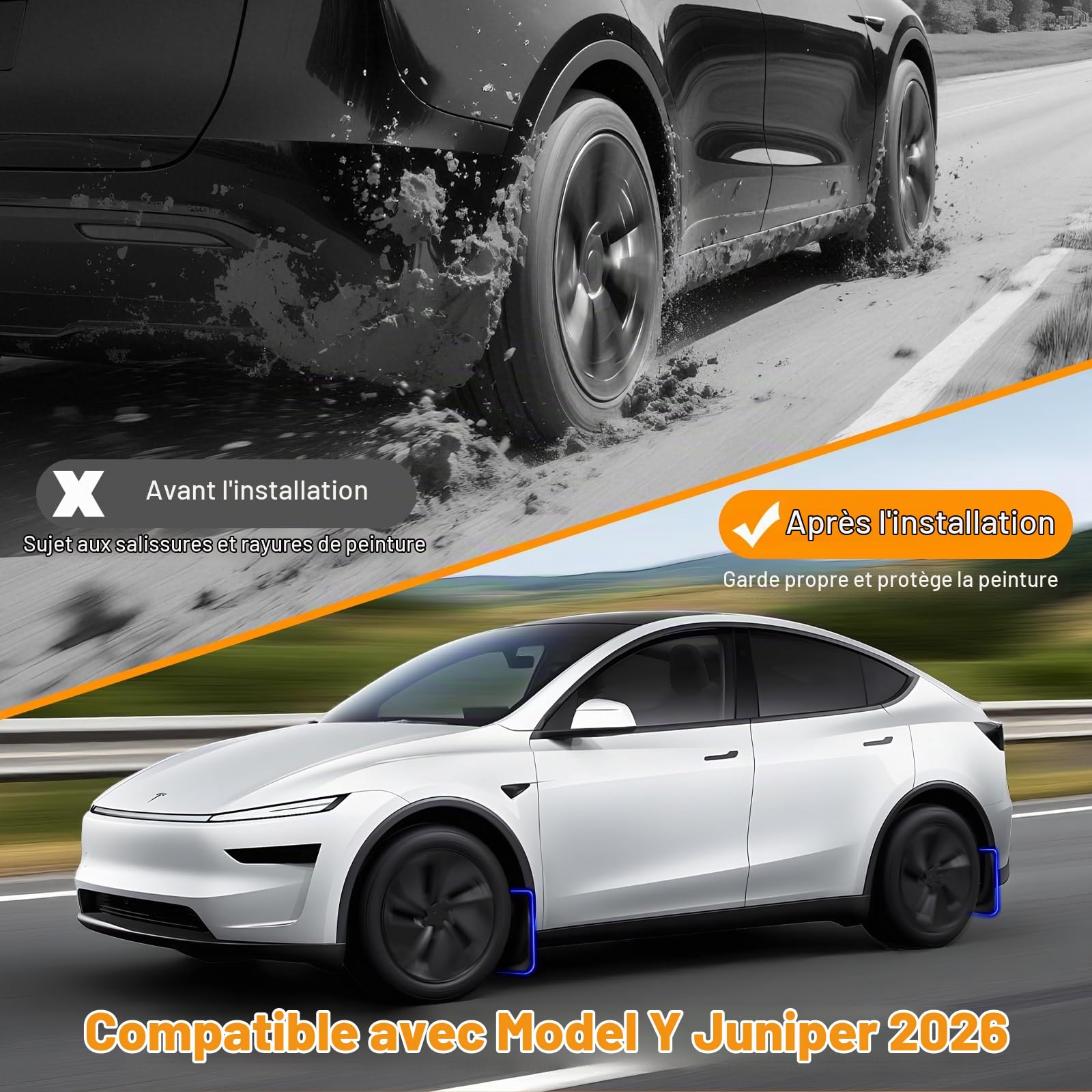 Lot de 4 bavettes Garde-Boue Avant et arrière en ABS pour Tesla Model Y Juniper 2026 - Comprend Tout Le matériel d'installation et Accessoires (Model Y Juniper 2025+)