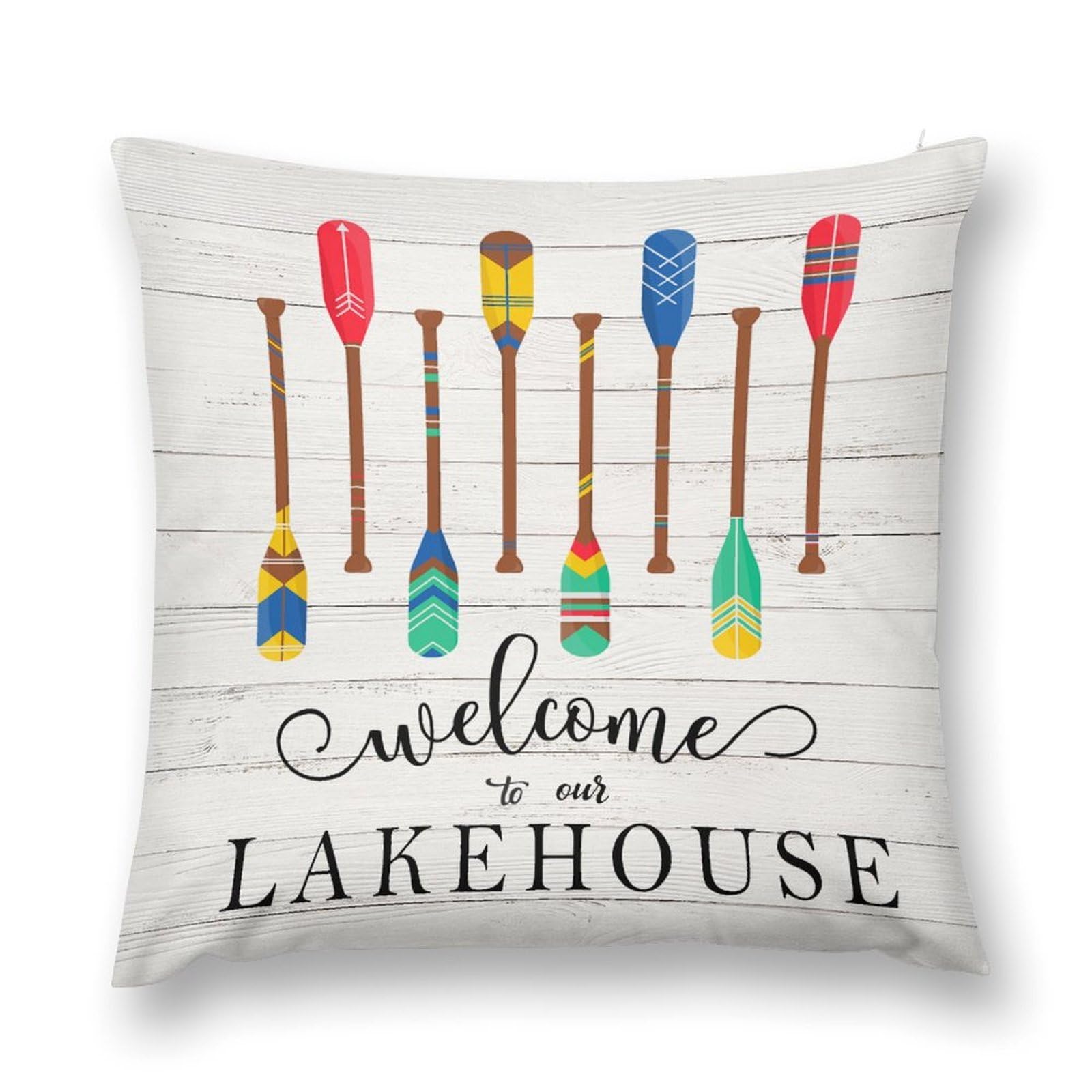 moderw Lake House Throw Pillow Cover, Colorful Wooden Paddles Couch Pillowcases for Kids Rustic Farmhouse Cabin Sofa Cushion Case for Home Bed Decor 18x18inch