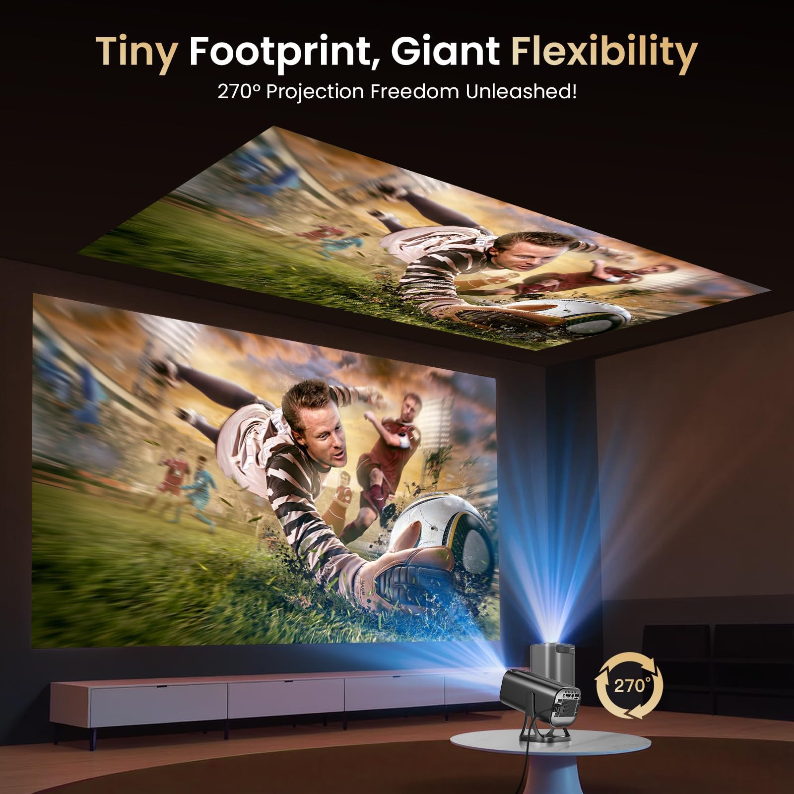 Proyector Portátil 4K Support, Mini Proyector HD 1080p Exterior Cine Jardin | 22.000 Lúmenes 260 ANSI, Android 12.0, WiFi 6 Bluetooth 5.4, Auto Keystone 270°Rotation Zoom Ajustable para Juegos Dormitorio
