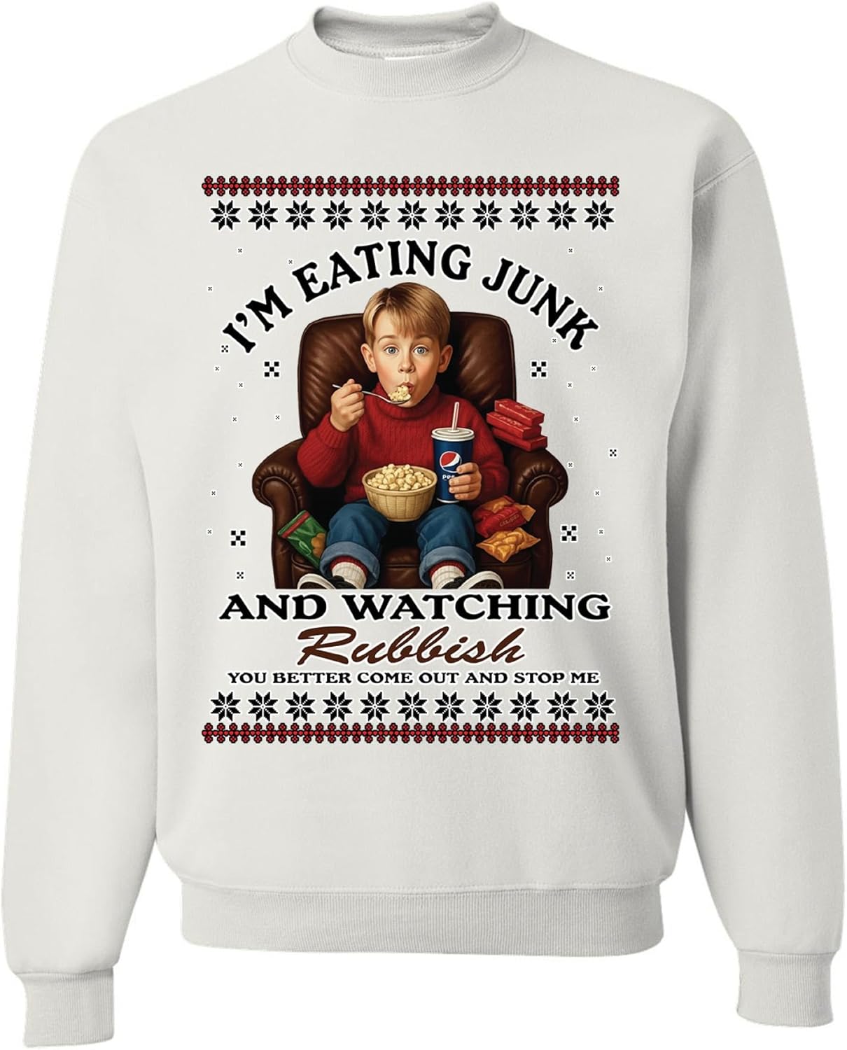wild custom apparel Home Alone Im Eating Junk Watching Rubbish Funny Ugly Christmas Sweater Sweatshirt