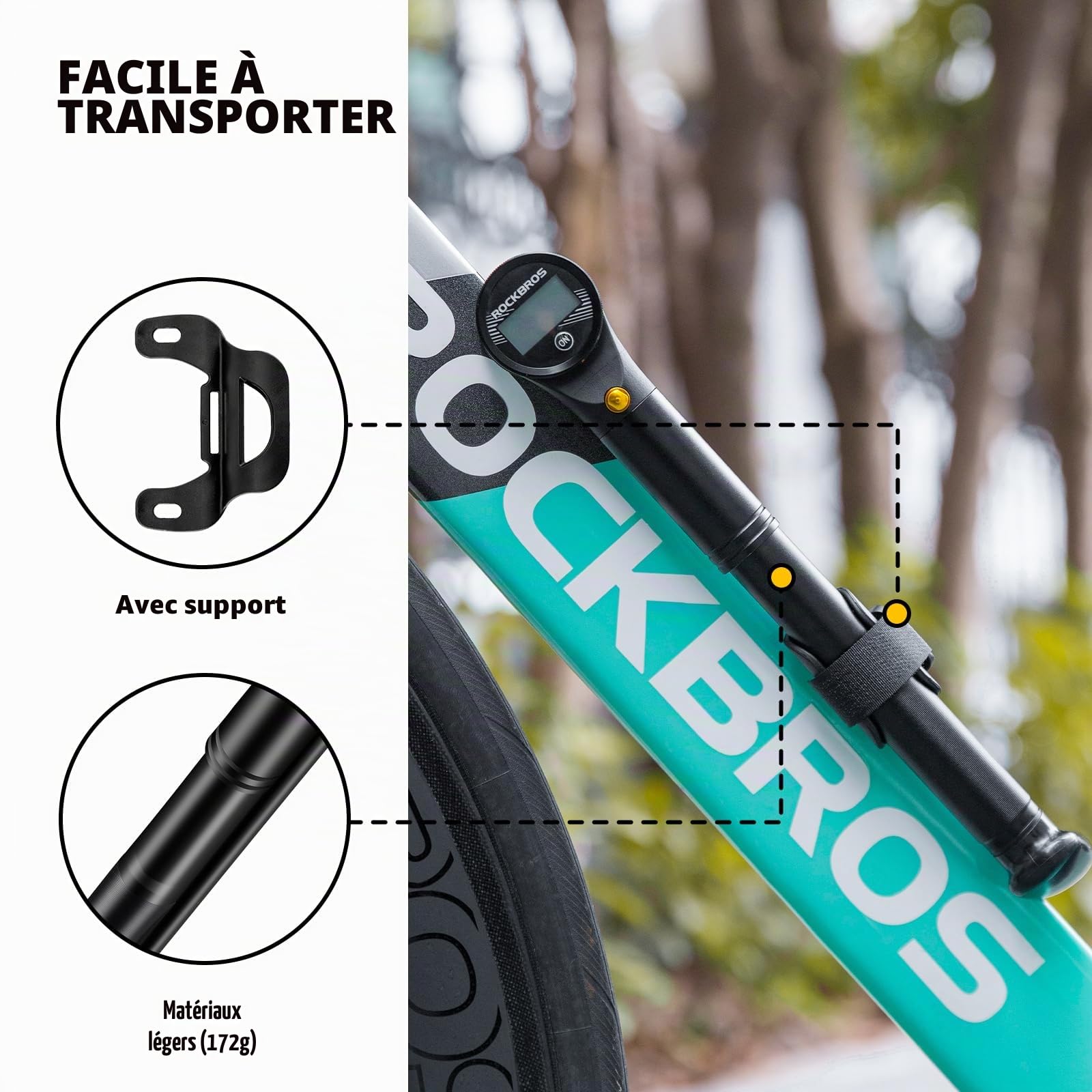 ROCKBROS Mini Pompe à Main Vélo Max. 320PSI Gonfleur Deux Temps Léger Valve Presta Schrader Manomètre Électronique Alliage d’Aluminium VTT Fourche Avant Vélo Trotinnete Électrique Basketball Noir