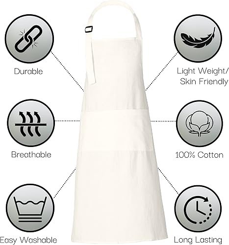 Miniatura 2 de RAJRANG Delantales 100% algodón sólido con 3 bolsillos unisex a granel delantal para cocina, restaurante, barbacoa, pintura y manualidades
