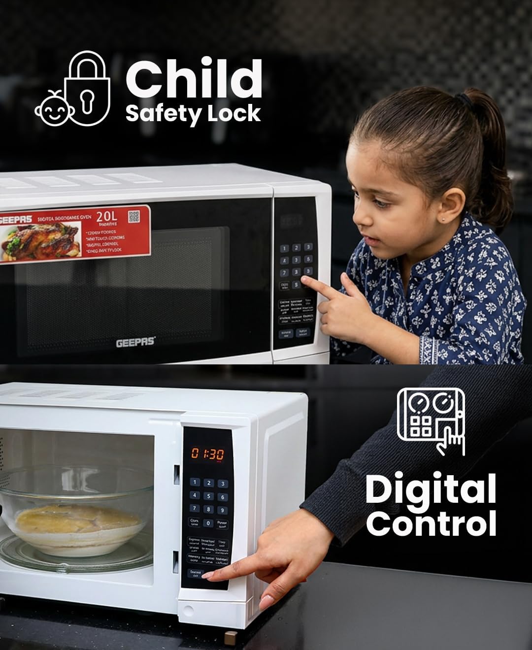 Microwave interior with chicken, illustrating reheating and defrosting