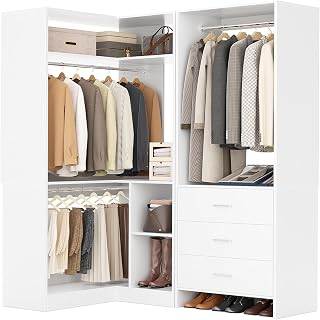 Aheaplus L-Shaped Closet System Set of 2: 3 Drawers, 2 Hanging Rods, Corner Tower, 1300lbs Capacity White Wardrobe Organizer