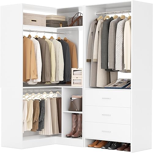 Aheaplus Closet System with 3 Drawers, 2 Hanging Rods & Corner Tower, Corner Closet System with Hanging, L-Shaped Walk-In Wardrobe Organizer, 1300+ lbs Capacity, Set of 2, White