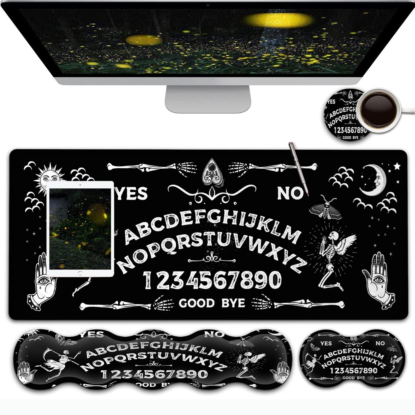 Gaming-Mauspad und Tastatur-Handgelenkauflage, großes erweitertes Mauspad, 80x20 cm, ergonomischer Memory-Schaumstoff, Handgelenkauflage + Schreibtischmatte, Ouija-Tafelmuster, schwarze Maus pad