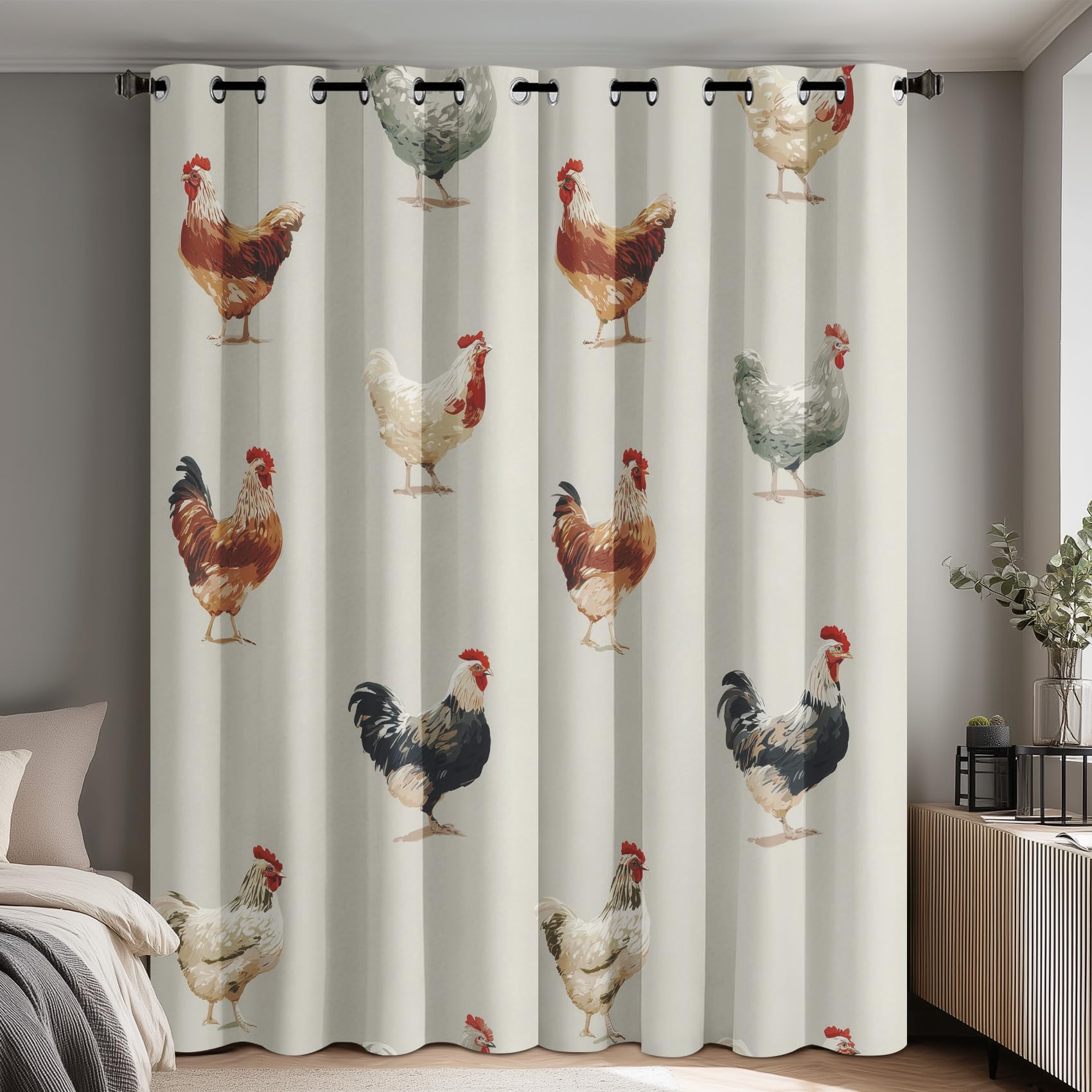 Rooster Blackout Curtains for Bedroom Living Room, Farm Chicken Curtains Eyelet 72 Drop Home Decor, Patterned Window Drapes, 66x72 Inch 2 Panels B-D108