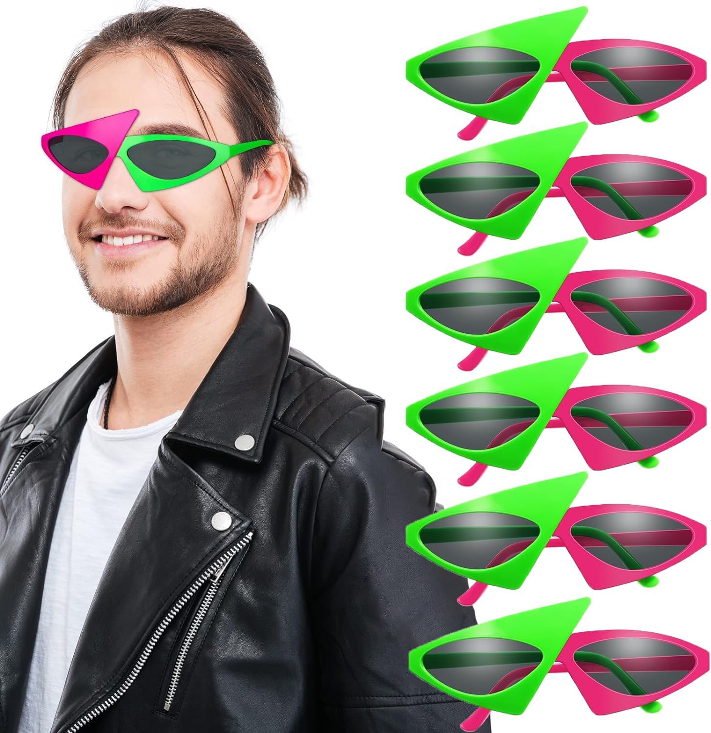 KOWVOWZ6 Pairs Party Sunglasses - 80s Hot Pink and Neon Green Asymmetric Funny Glasses for Hip Hop Dance