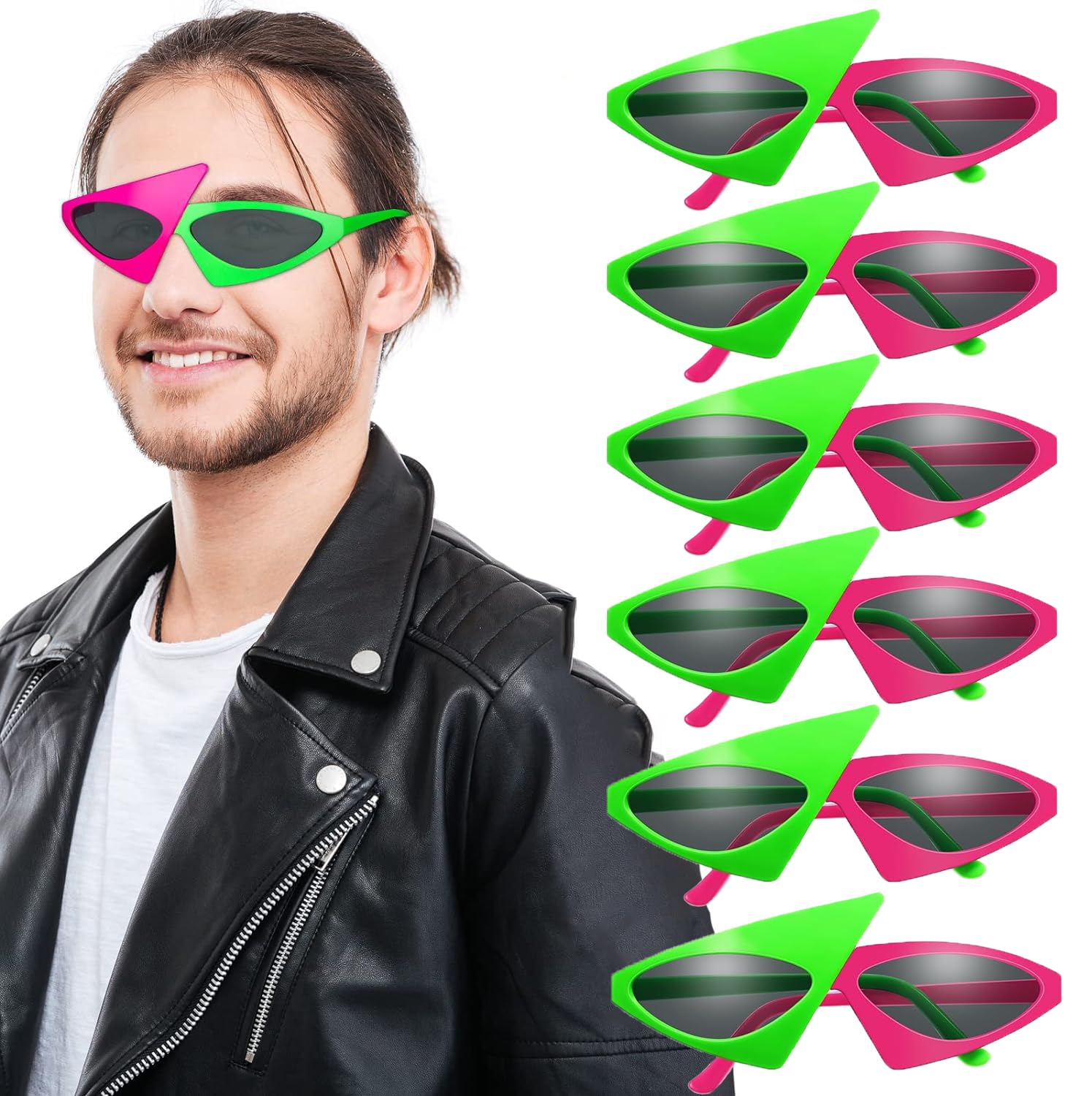 KOWVOWZ6 Pairs Party Sunglasses - 80s Hot Pink and Neon Green Asymmetric Funny Glasses for Hip Hop Dance