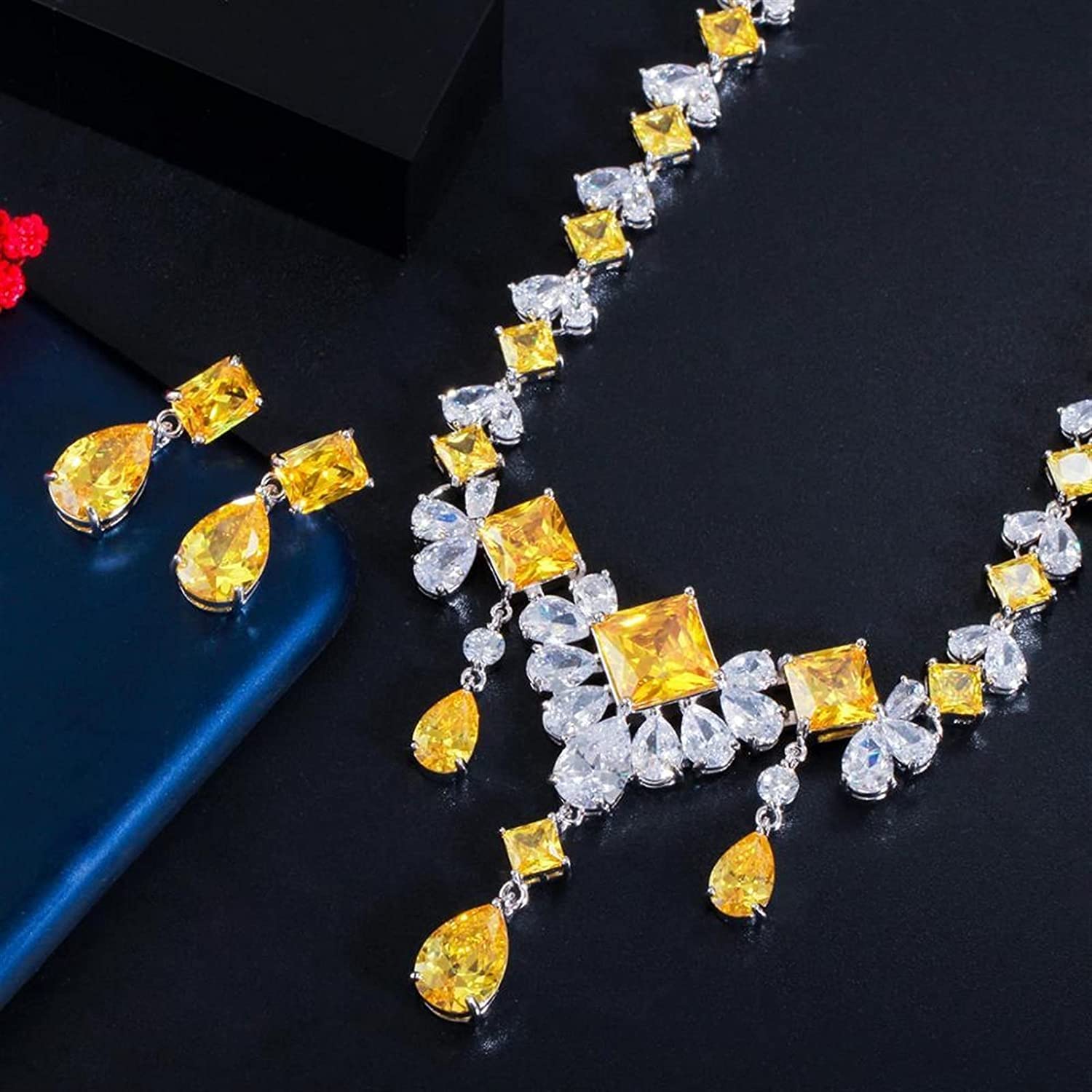 Joyería amarillo cúbico piedra gota boda collar cadena conjunto 6