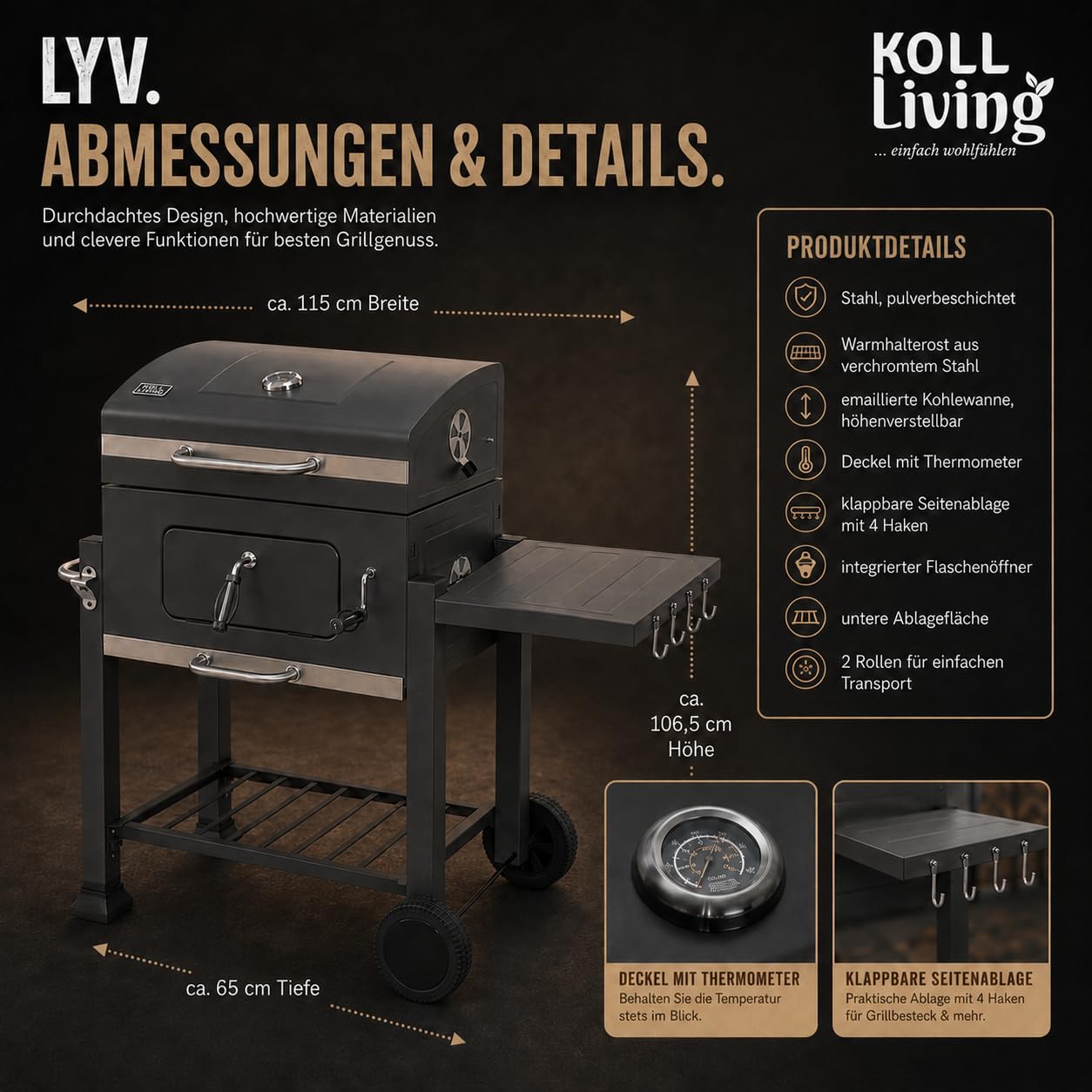 Koll Living Holzkohlegrill Lyv | Grillwagen mit Deckel, Thermometer & höhenverstellbarer Kohlewanne für optimale Hitzesteuerung | Seitenablage & Rollen