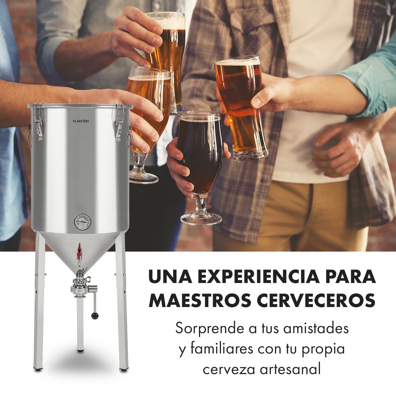 Klarstein Gärkeller Sistema para Elaborar Cerveza - Fermentador con Termómetro, Olla Cónica de Acero Inoxidable, para Cerveza o Vino, Airlock Tapa Hermética, Grifo, Pro 60 L, Plata