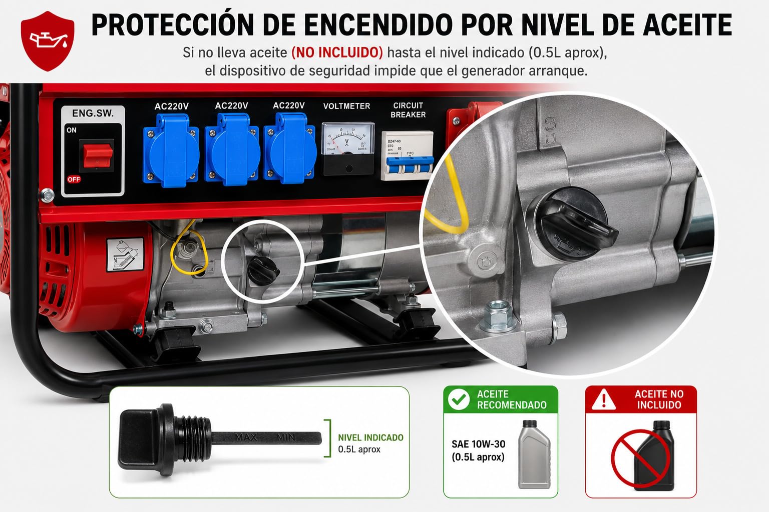 SVE Generador Eléctrico Gasolina 15L 5500W 230/380V 4 ENCHUFES (2500W Trifásico 3000W Monofásico) Motor 4 Tiempos
