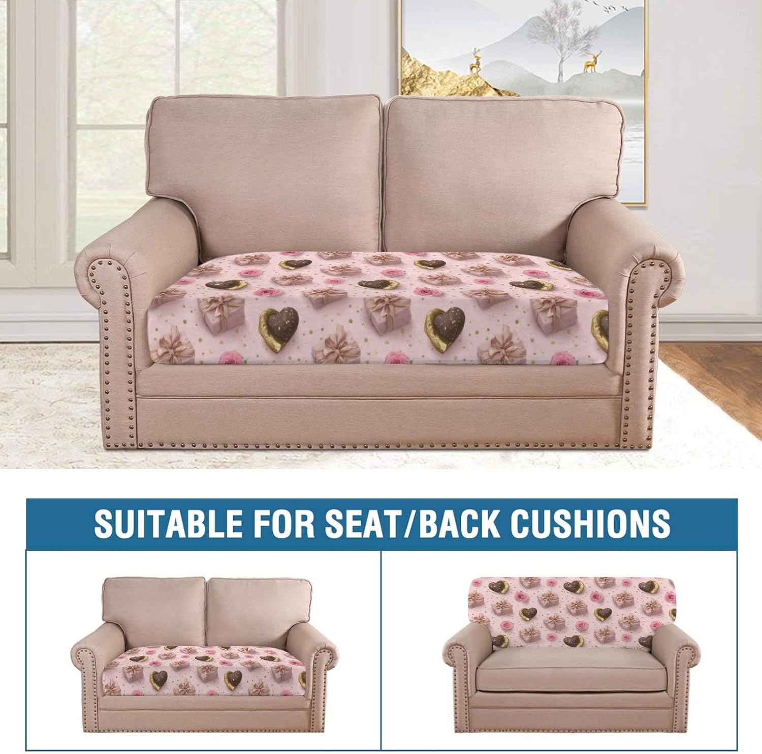 Hydrangea and Heart Loveseat Covers Couch Covers for 2 Cushion Couch, 2-Piece Stretch Sofa Slipcovers Anti-Slip Washable Furniture Protectors for Dogs Pets