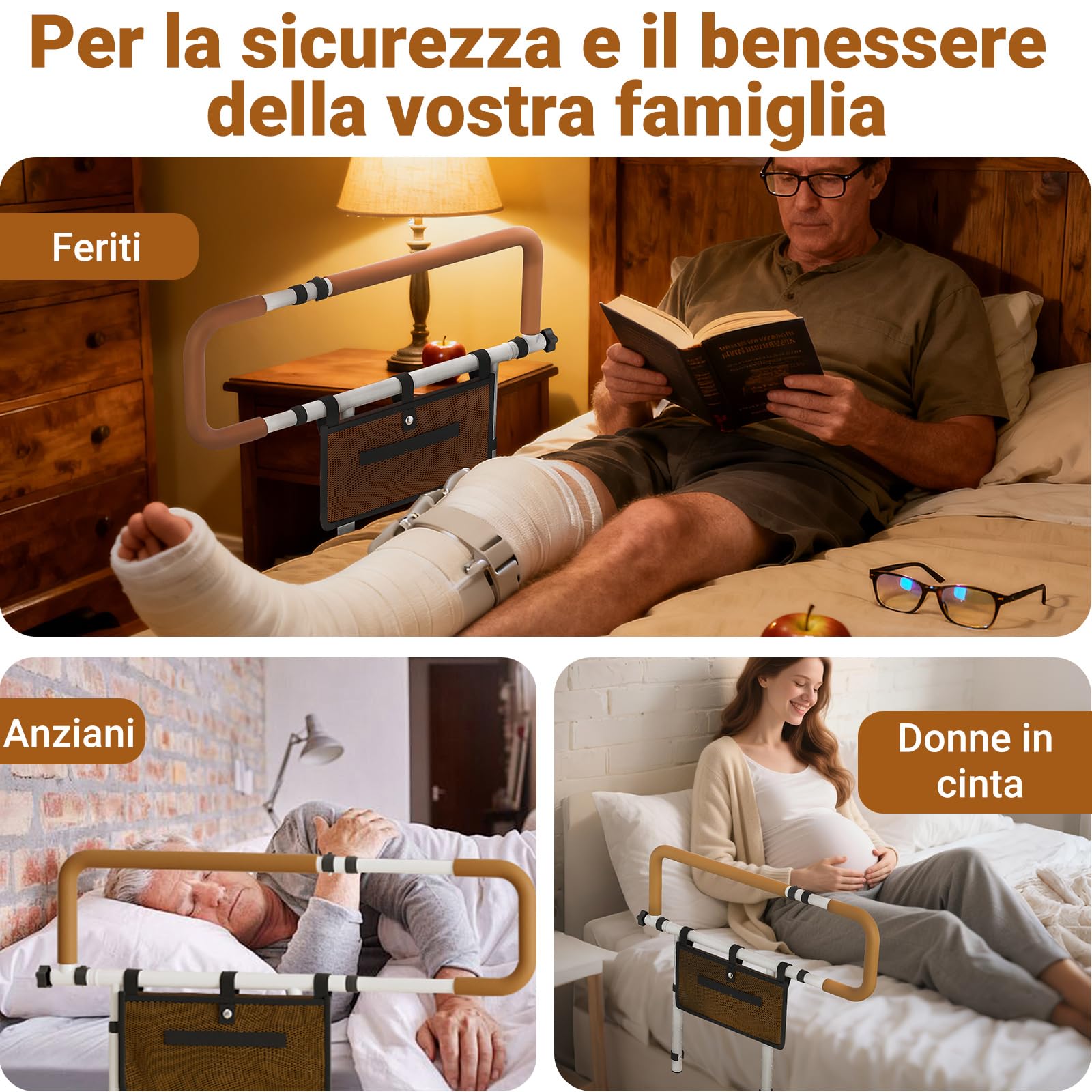 Sponda Letto Anziani Anticaduta - Ausili per Alzarsi Dal Letto piegabile a 180°, Regolabile in Altezza e Larghezza con Sacchetto di Rientro, per Anziani, Incinte e Disabili
