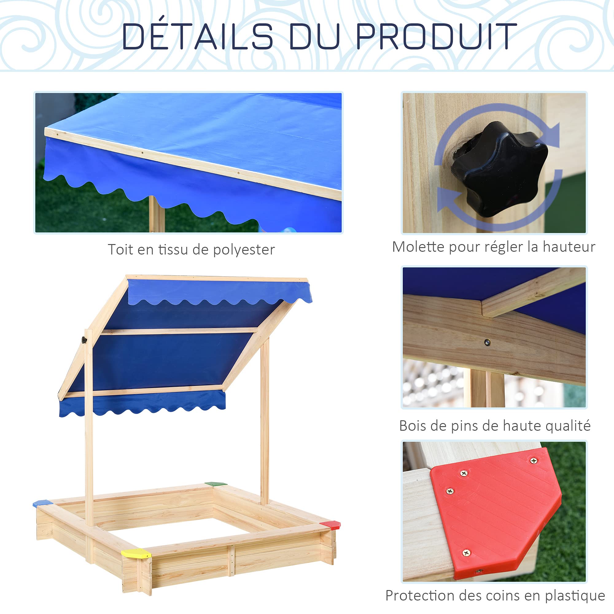 Outsunny Bac à Sable Bois carré avec Couvercle dim. 1,2L x 1,2l x 1,2H m - Hauteur et Inclinaison Toit réglables - Bois Naturel de pin