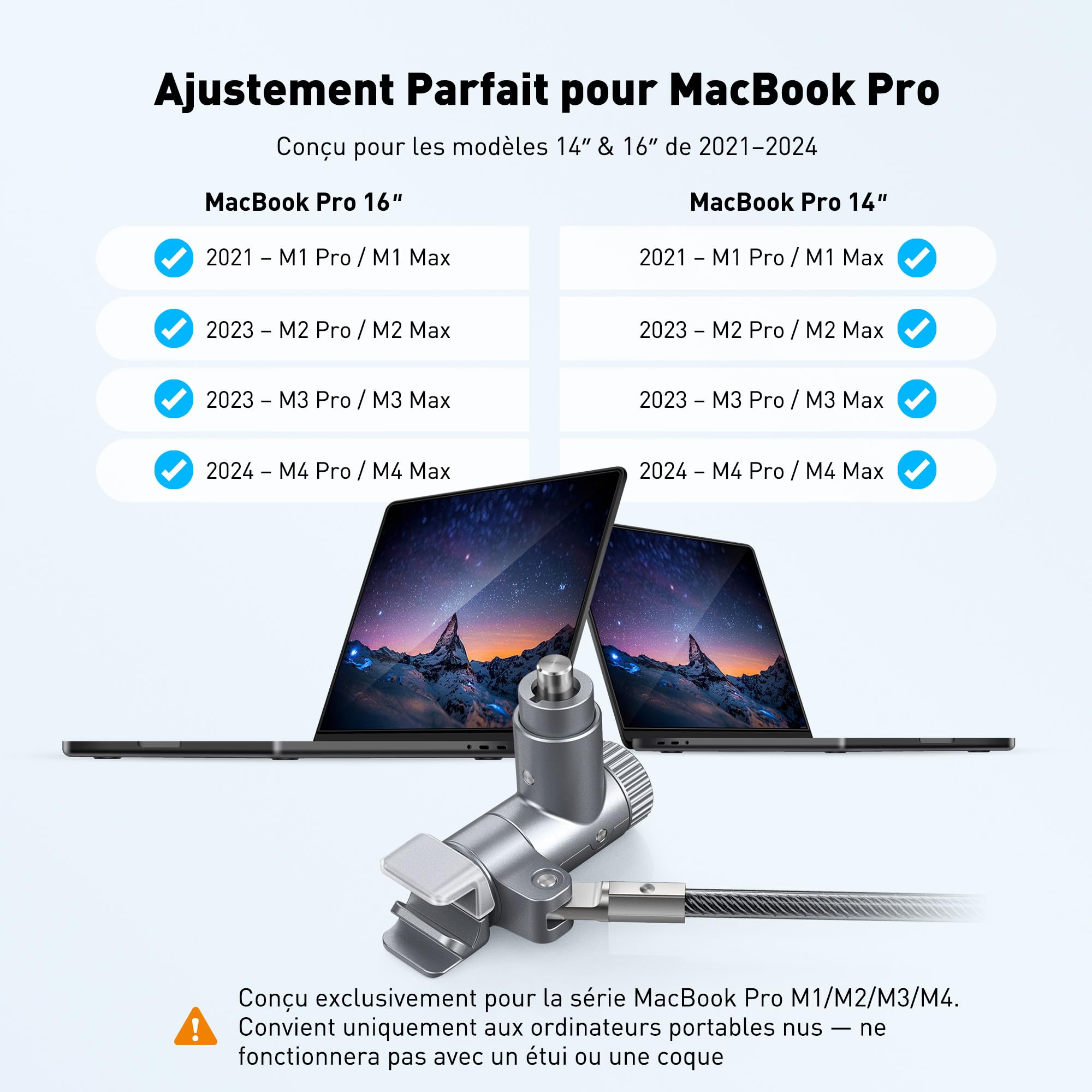 AboveTEK Câble de verrouillage pour ordinateur portable MacBook Pro 14/16 (2021–2024), verrou de sécurité antivol à clé pour ordinateur portable, câble de verrouillage d'ordinateur en acier résistant
