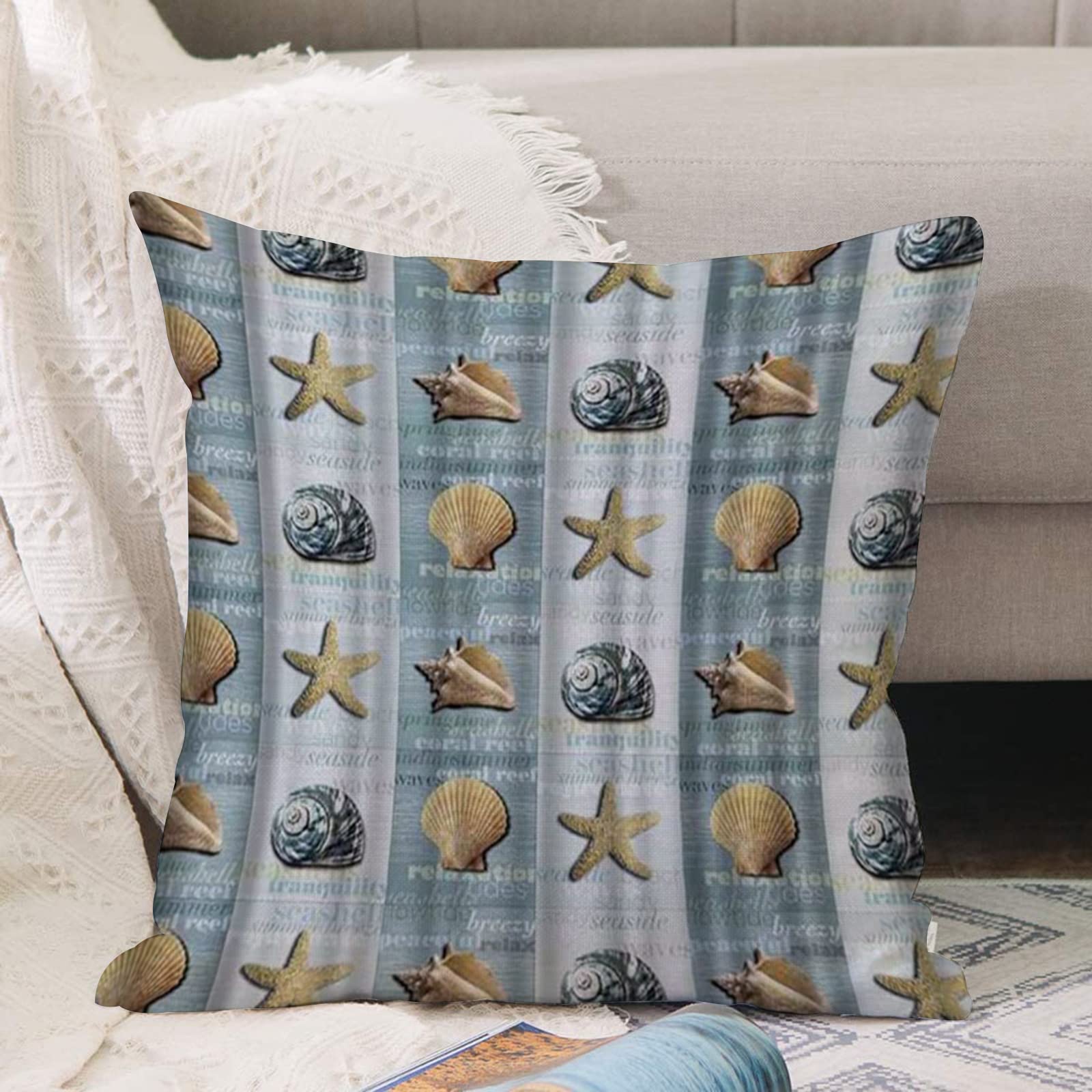 Federa Cuscino Decorativa 45x45 Cm Seas The Day Vintage Con Stella Marina, Cotone E Lino, Doppia Stampata