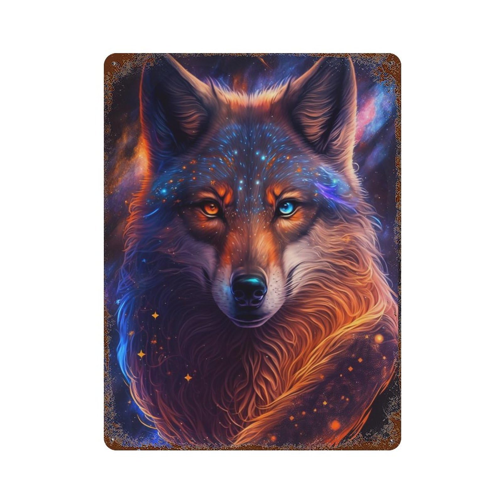 Vintage Rust Metal Sign with Galactic Wolf Portrait -48 Design 15.7"x11.8", for Office, Studio And Wall Decor, Farmhouse Wall Decor