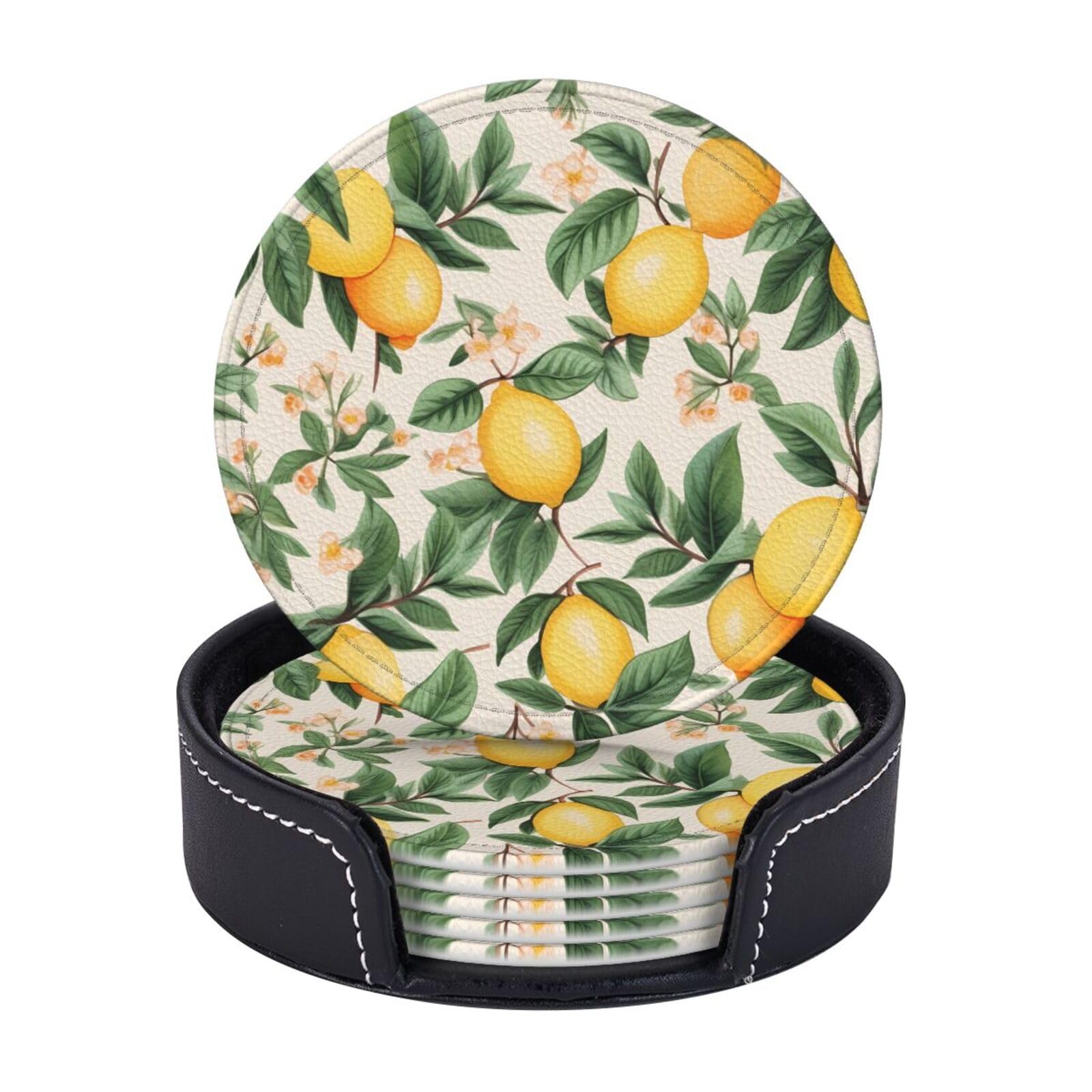 Smazdfxx Lemons And Lemon Leaves Drink Coasters Heat Resistant Leather Coaster Set Of 6 For Drink Coffee Cup Mat Round Tabletop Protection Pad With Holder 4"