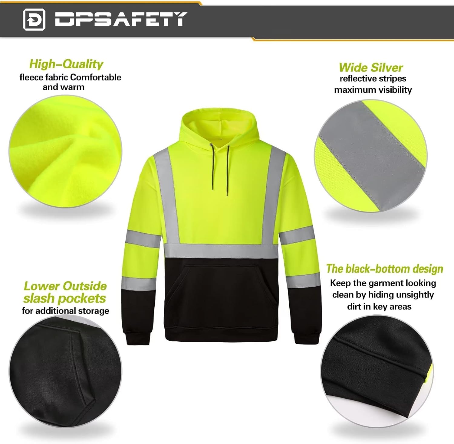 High Visibility Hoodie For Men, Safety Class 3 Hi Vis Hoodie,Construction Work Sweatshirt,Reflective Hooded Sweatshirt, With Extra large Pocket(XLarge)