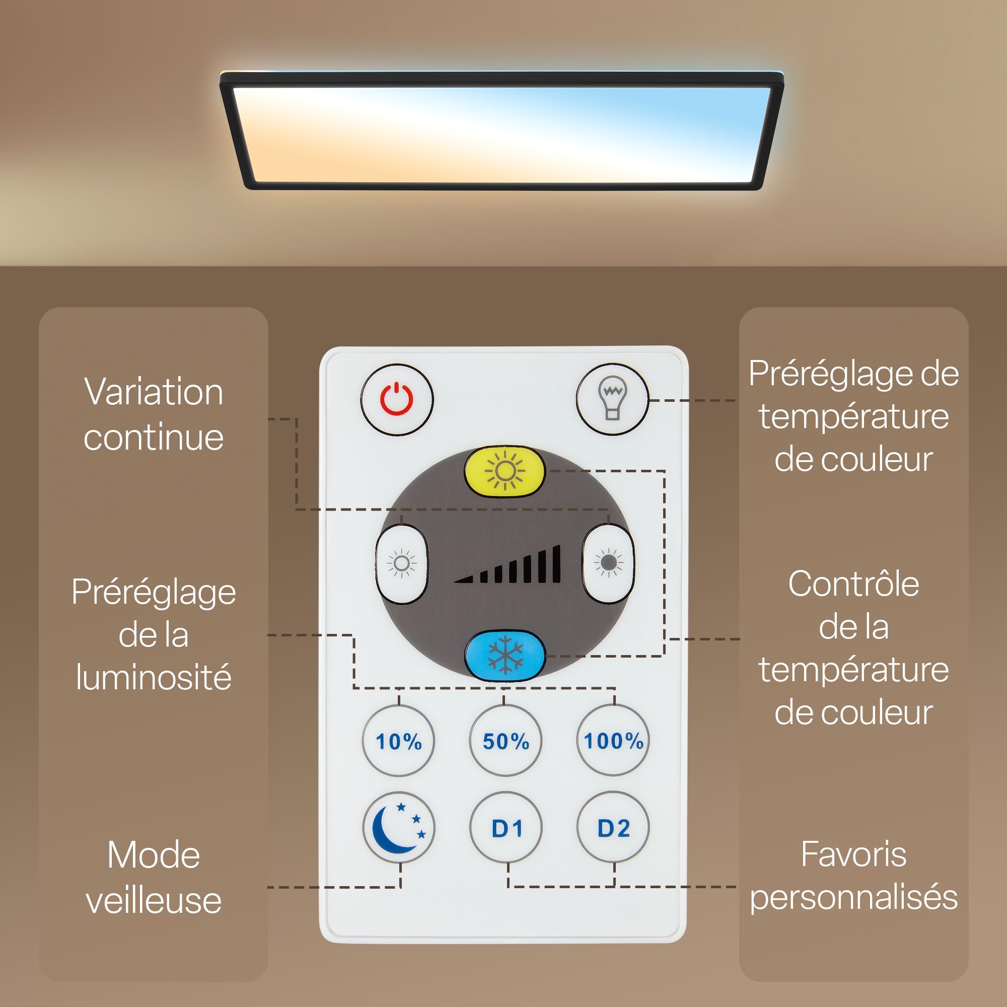 B.K.Licht - Plafonnier LED plat avec télécommande, CCT réglable de chaud à lumière du jour, intensité réglable, IP44, plafonnier salle de bain, lustre cuisine, lustre salon, 58x20x3 cm, noir