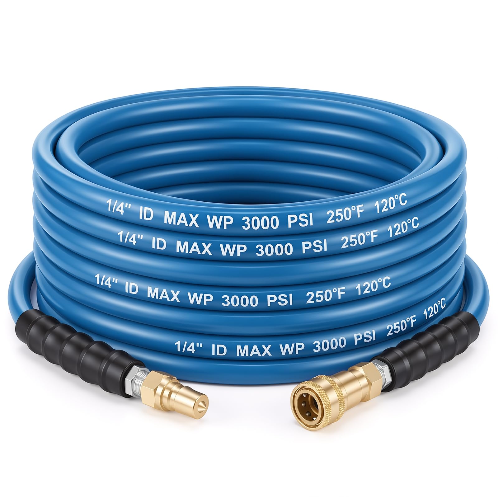 Innconee 1/4" x 50' Blue Carpet Cleaning Solution Hose 3000 PSI MPT High Pressure Solution Line for Carpet Extractors 250 Degree Heated Water Hose for Commercial Cleaner(with Brass Quick Connector)