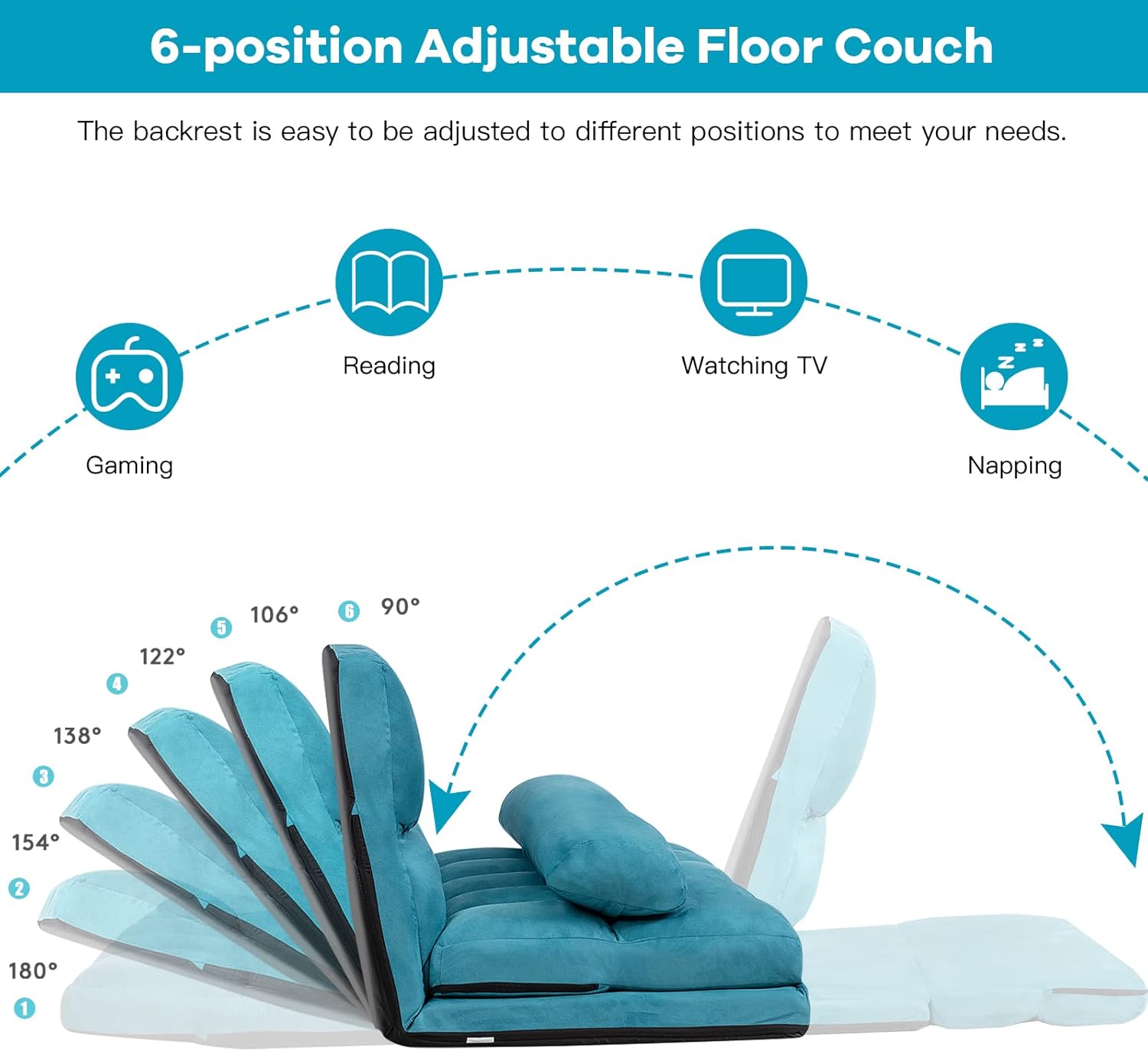 KOMFOTT Adjustable Floor Sofa Bed, Foldable Lazy Sofa Sleeper with 6 Position Backrest & 2 Pillows, Convertible Futon Couch with Suede Cloth Cover, Lounge Recliner for Living Room