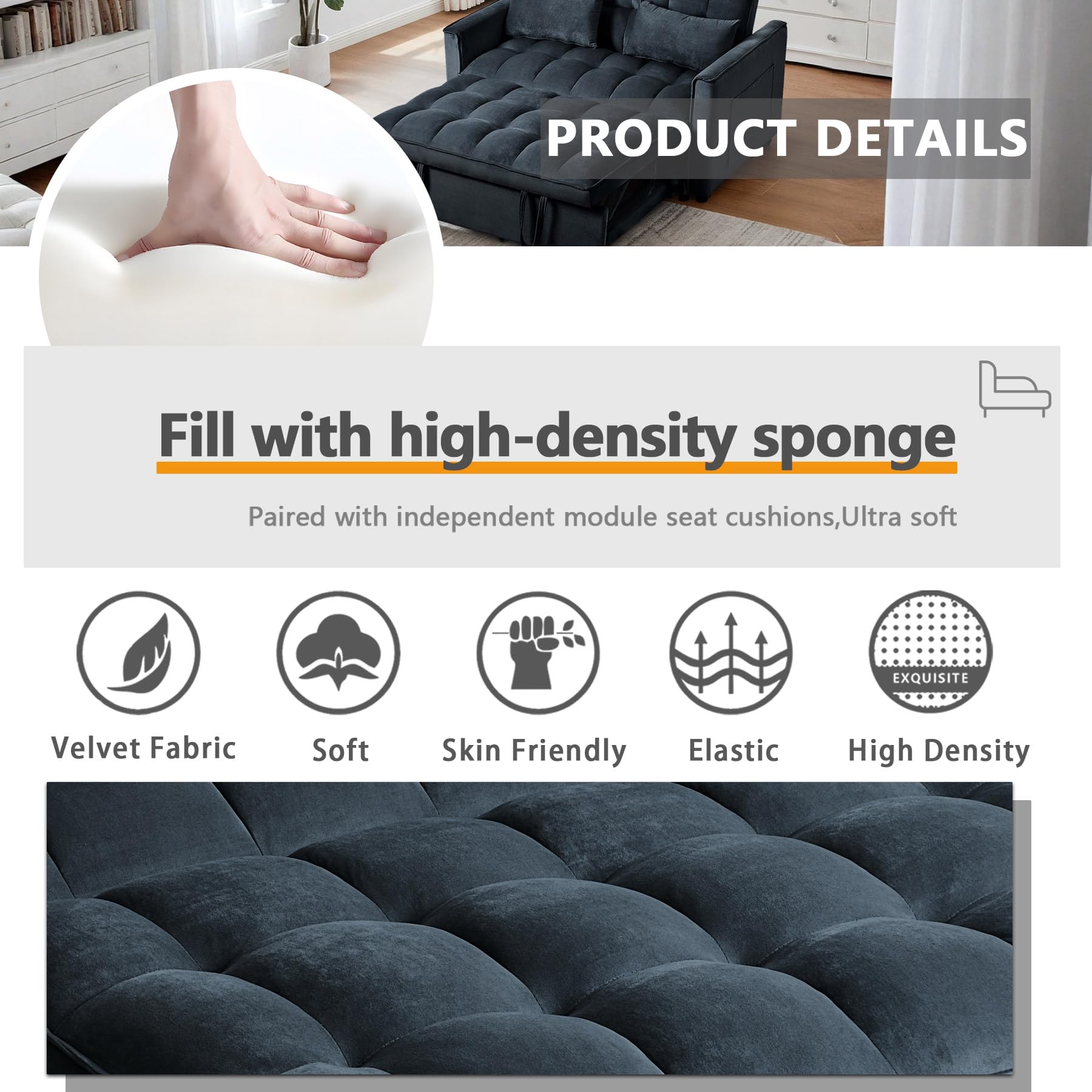 3 in 1 Pull Out Couch Bed, Convertible Futon Sofa Bed, Velvet Sleeper Loveseat for Small Living Room, Adjustable Backrest, Comfy Pillows, Side Pocket (Black)