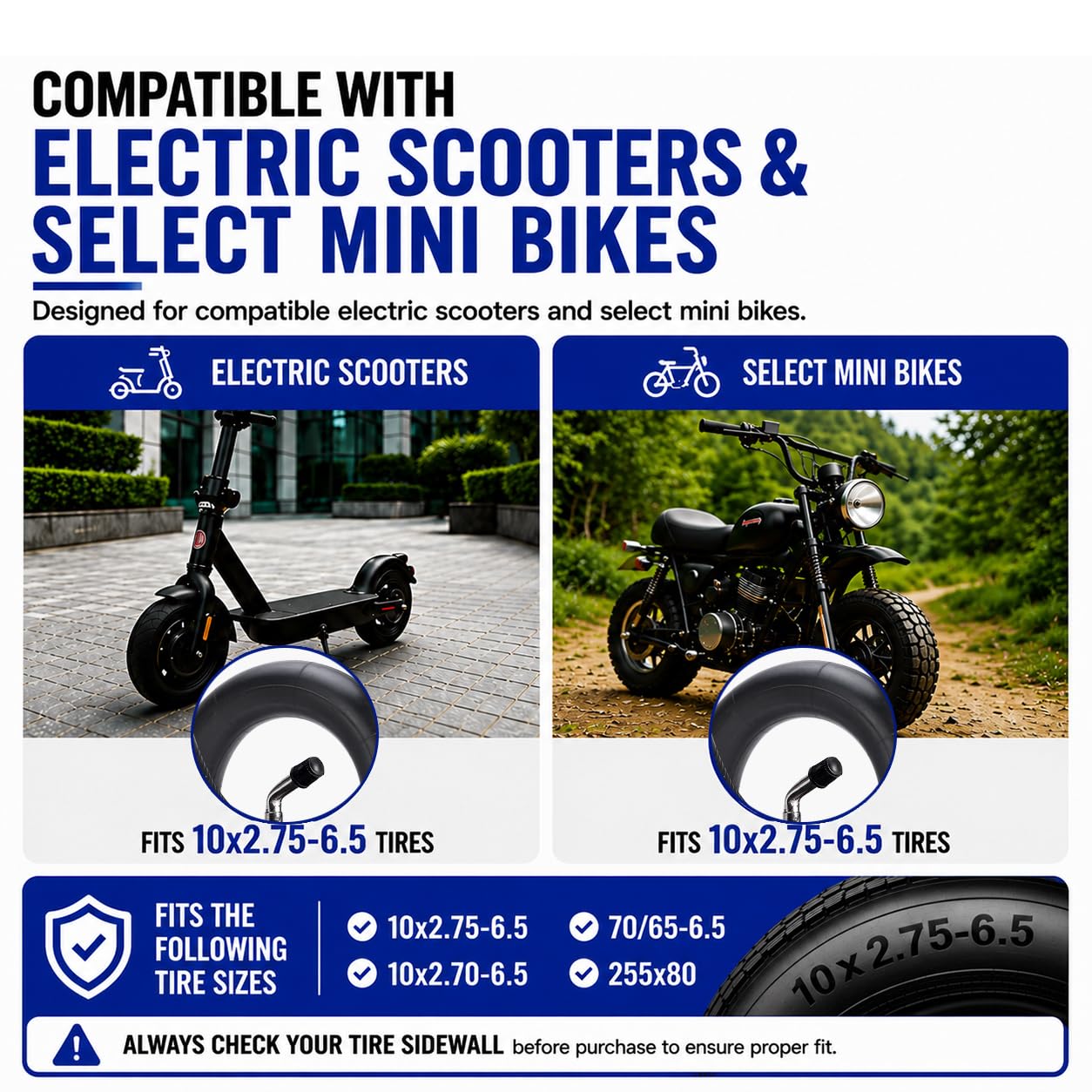10 x 2,75-6,5 camere d'aria (confezione da 2), valvola angolare CR202 | Camere d'aria resistenti in gomma butilica per scooter e mini bike. Include 2 leve per pneumatici.