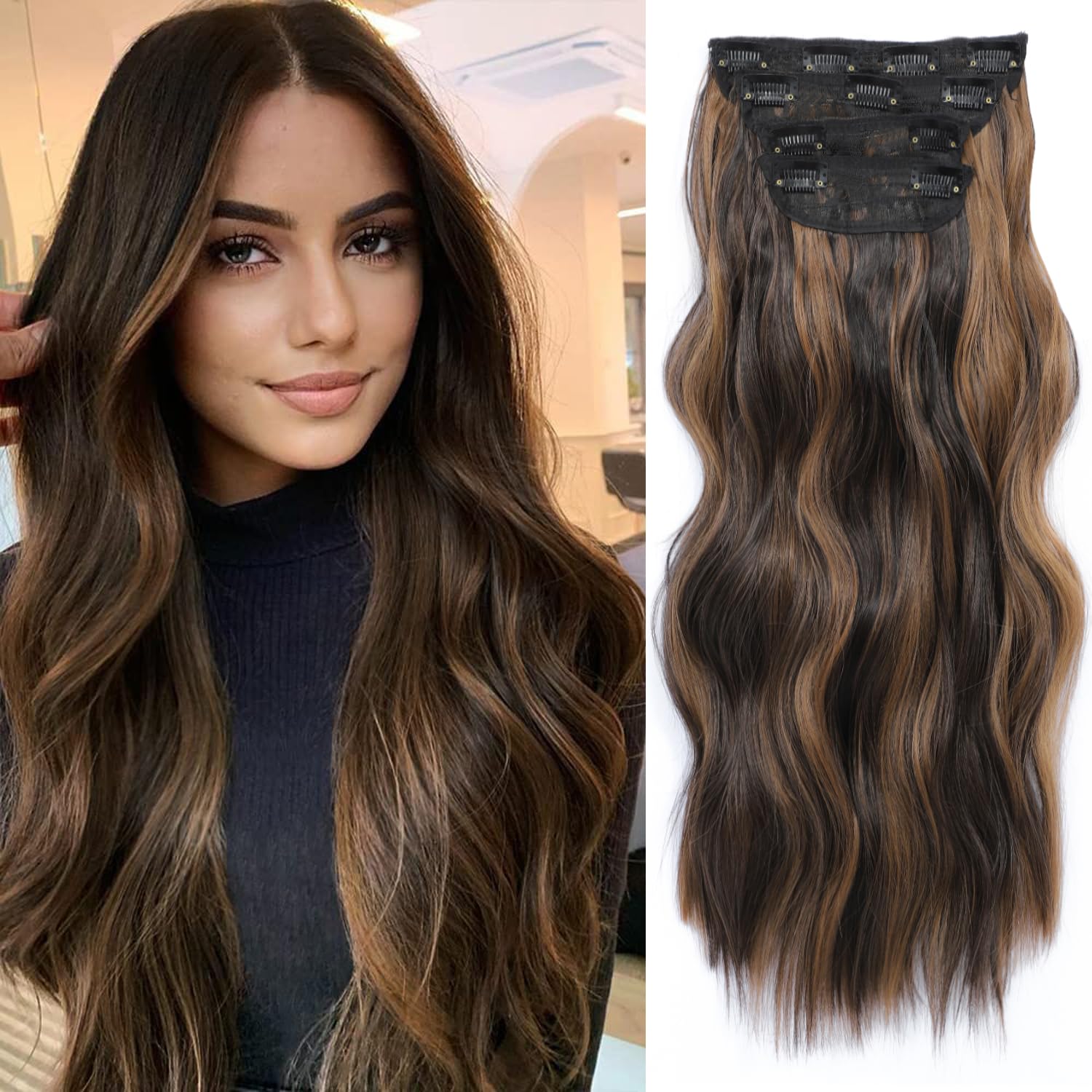 20inch Hair Extensions Clip in 4Pcs Curly Full Head Synthetic Hair Extension Wavy hair Pieces for Women (20Inch