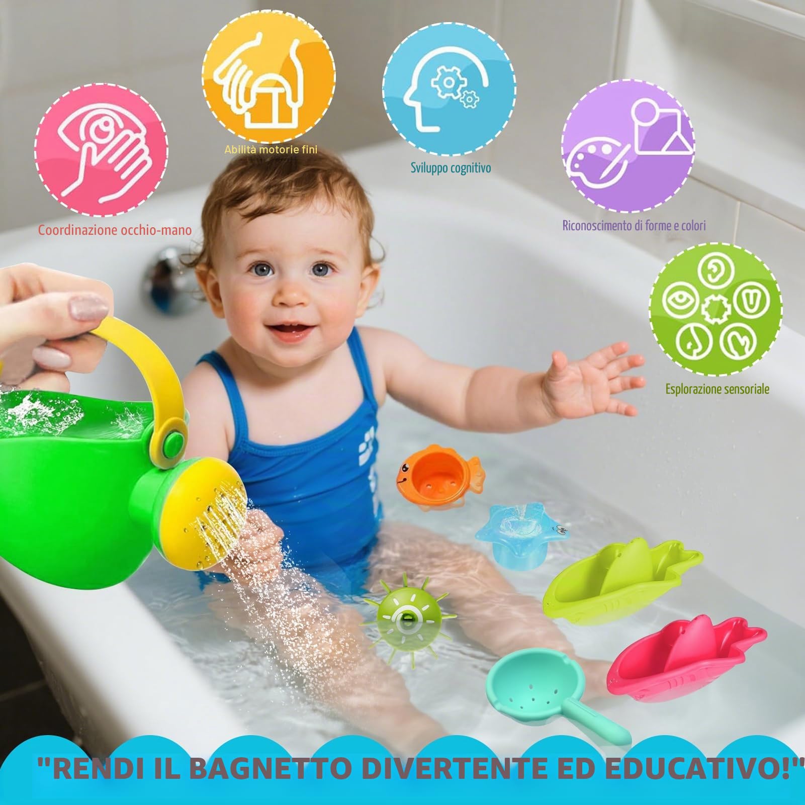 Giochi Bagnetto Neonato 14 Pezzi, Set Giochi Vasca da Bagno Bambini con Annaffiatoio, Ruota d’Acqua, Bicchieri Impilabili e Barchette, Giochi Bagnetto Neonato Atimuffa per Bagno e Piscina