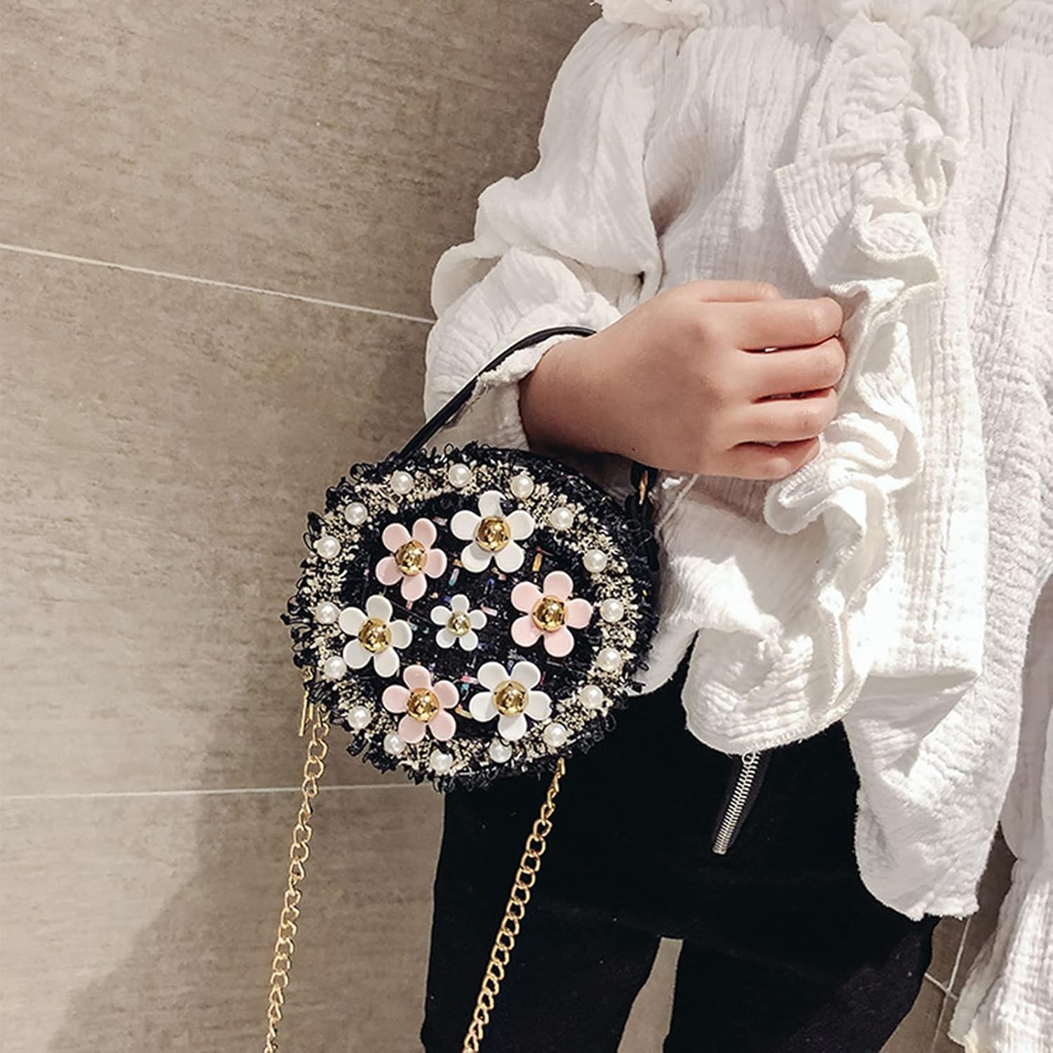 Forwe Little Girls Toddler Crossbody Purse with Pearl Flowers Mini Cute Princess Handbags Shoulder Chain Bag - Image 6