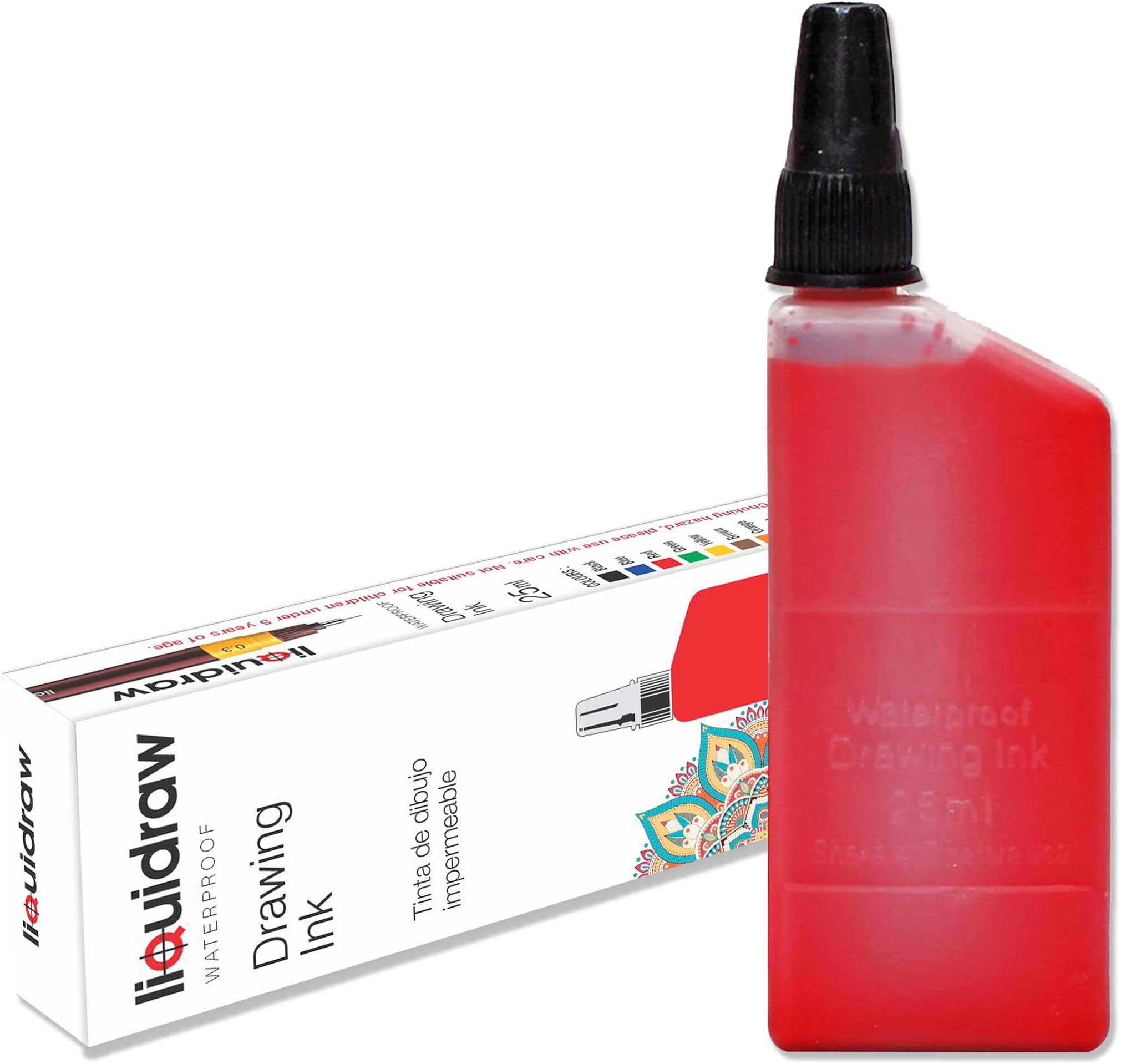 Liquidraw Technical Pen Red Ink – 25 ml | Waterproof Drawing Ink | Compatible with Rotring Isograph Pens | Plastic Refill Bottle, Screw-On Lid | Ideal for Illustration, Calligraphy & Drawing