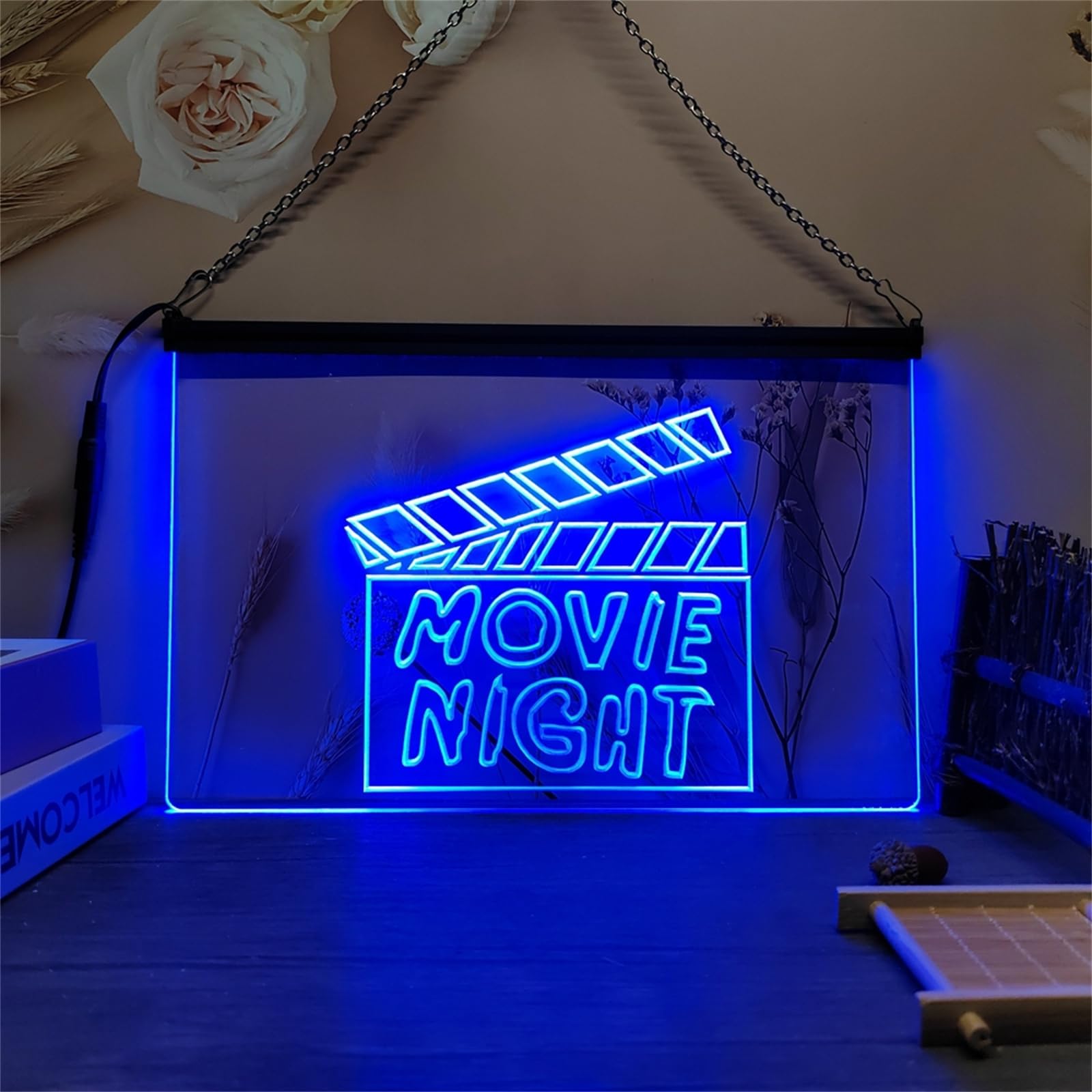 Movie Night Neonowy szyld do dekoracji ścian – ściemniane neonowe lampy LED z zasilaniem USB, idealne do kina domowego, sali filmowej, domowego baru, na wesela i przyjęcia urodzinowe,Blue,60x40cm