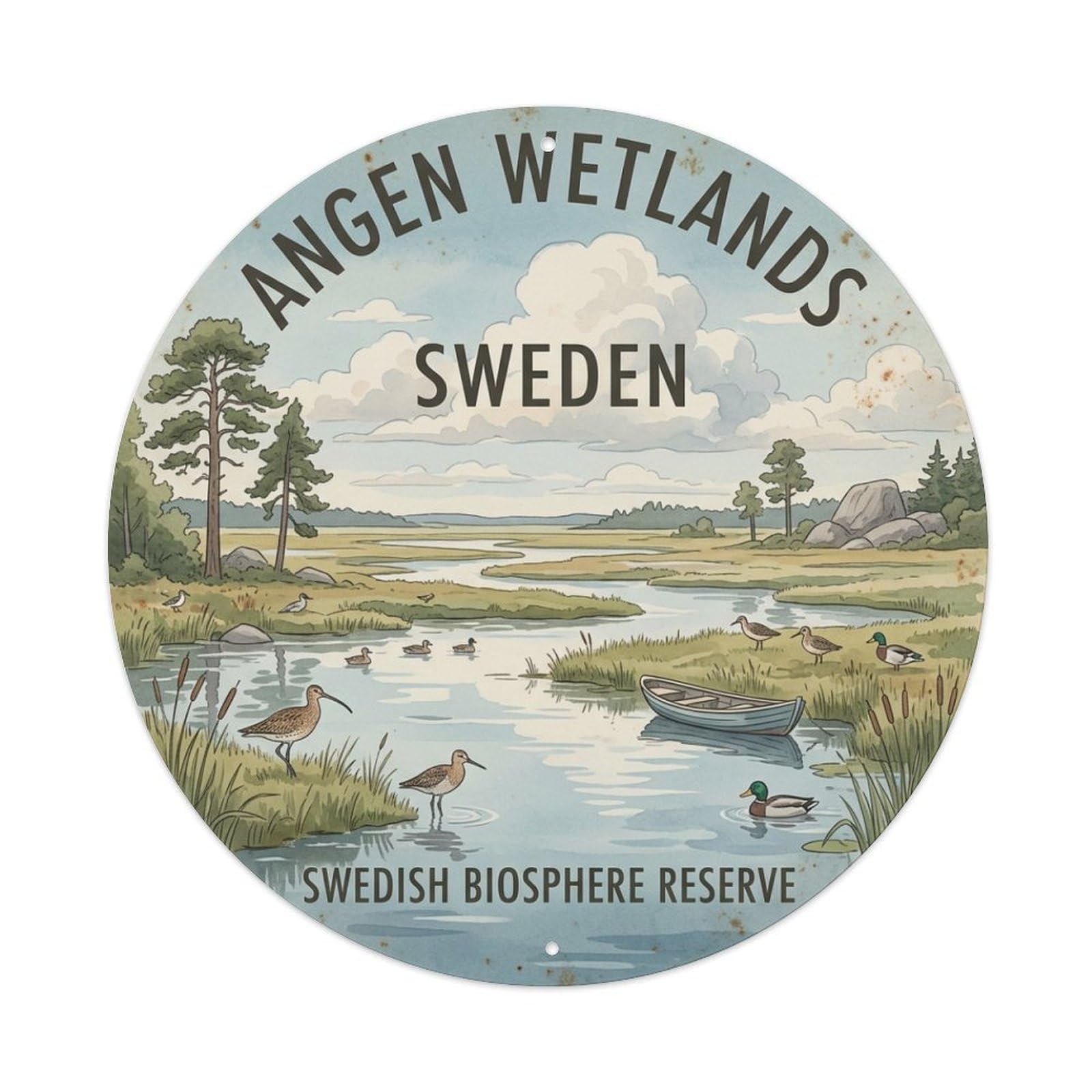 Vintage Travel Angen Sweden Wetlands Metal Tin Sign