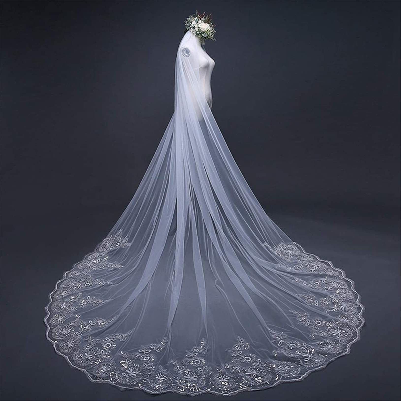 3/4 / 5M Velos De Novia Elegantes con Peine Lentejuelas De Encaje De Tul Suave Borde Velo De Novia De 1 Nivel Encantador Cola Larga Vestido De Novia Catedral Accesorios para Mujeres