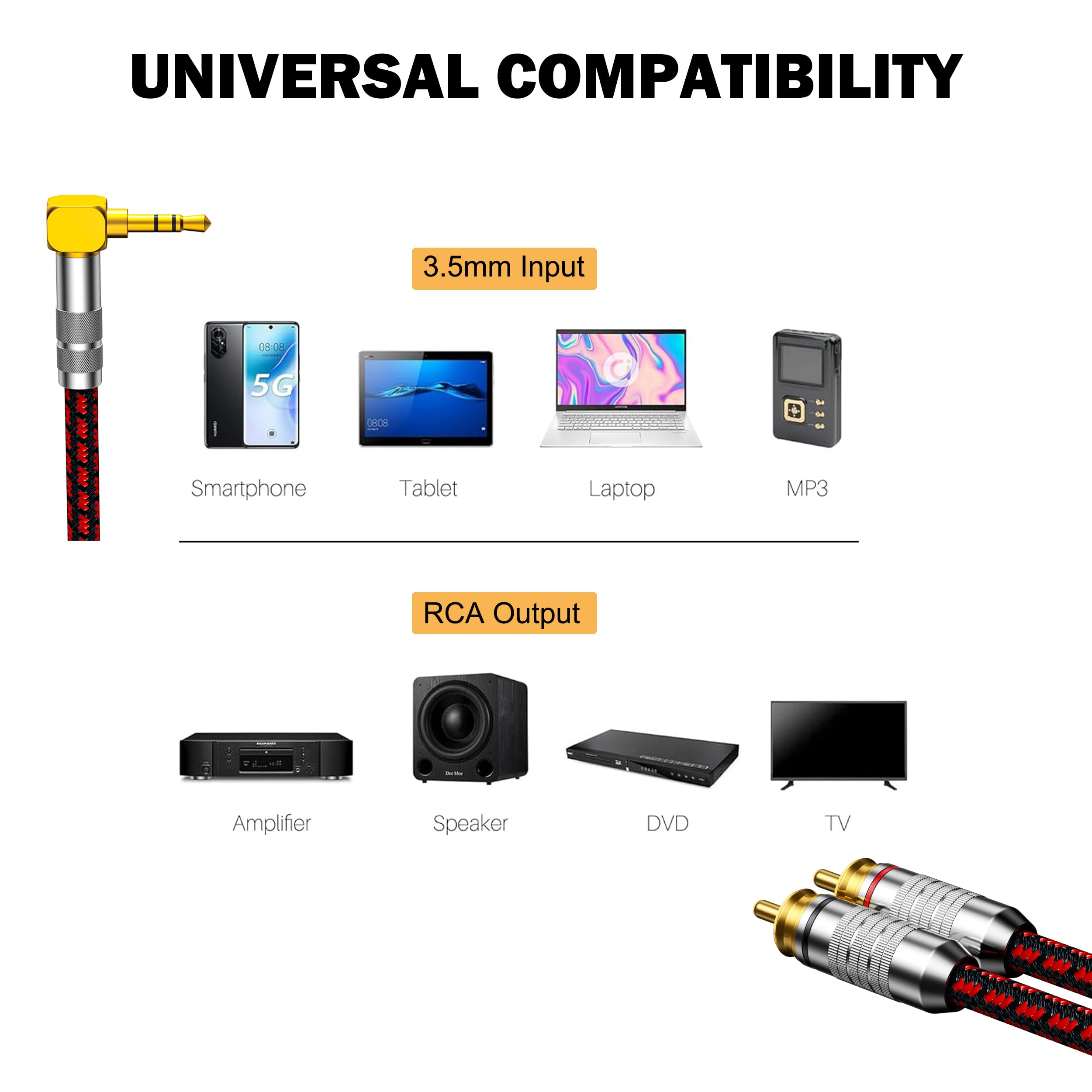 Cavo da RCA a 3,5 mm, 9 m, adattatore jack audio da maschio a RCA per cuffie audiofilo intrecciato da 1/8 per smartphone, tablet, altoparlanti, MP3, HDTV